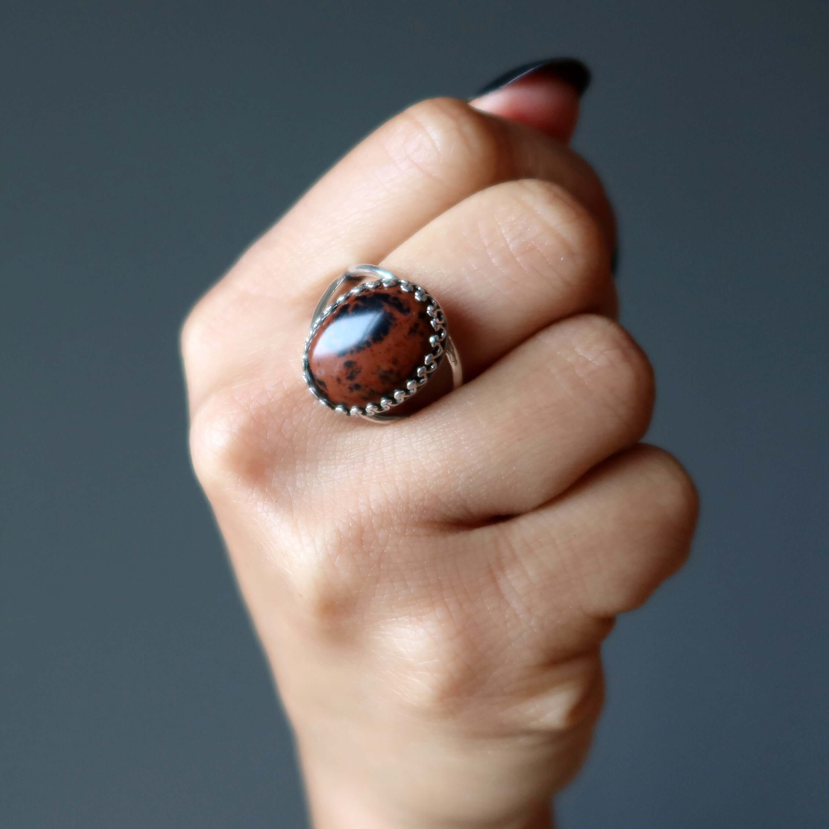Mahogany Obsidian Ring Fire Sterling Silver Adjustable