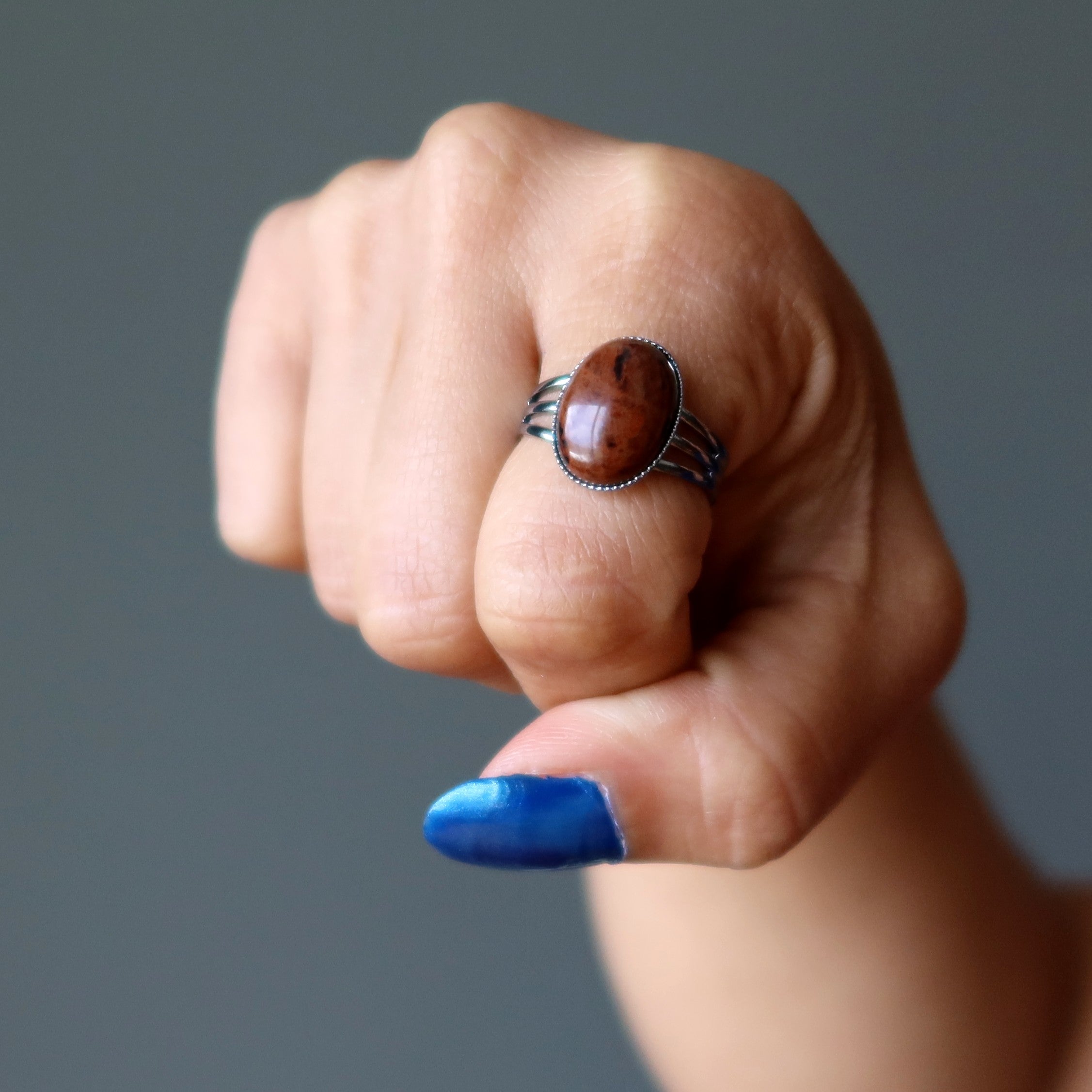 Bague Obsidienne Acajou Gemme Canon de Fusil Ajustable