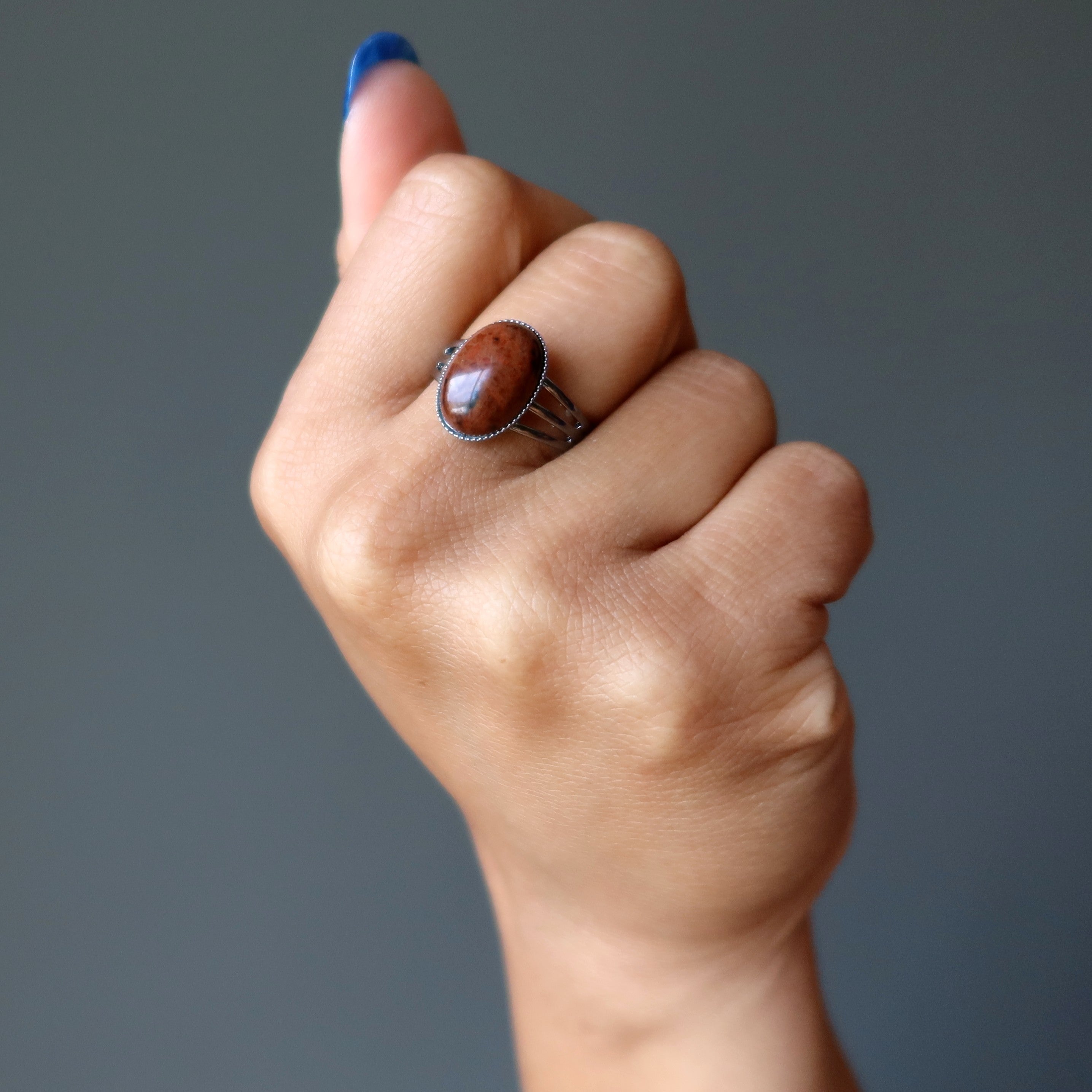 Bague Obsidienne Acajou Gemme Canon de Fusil Ajustable