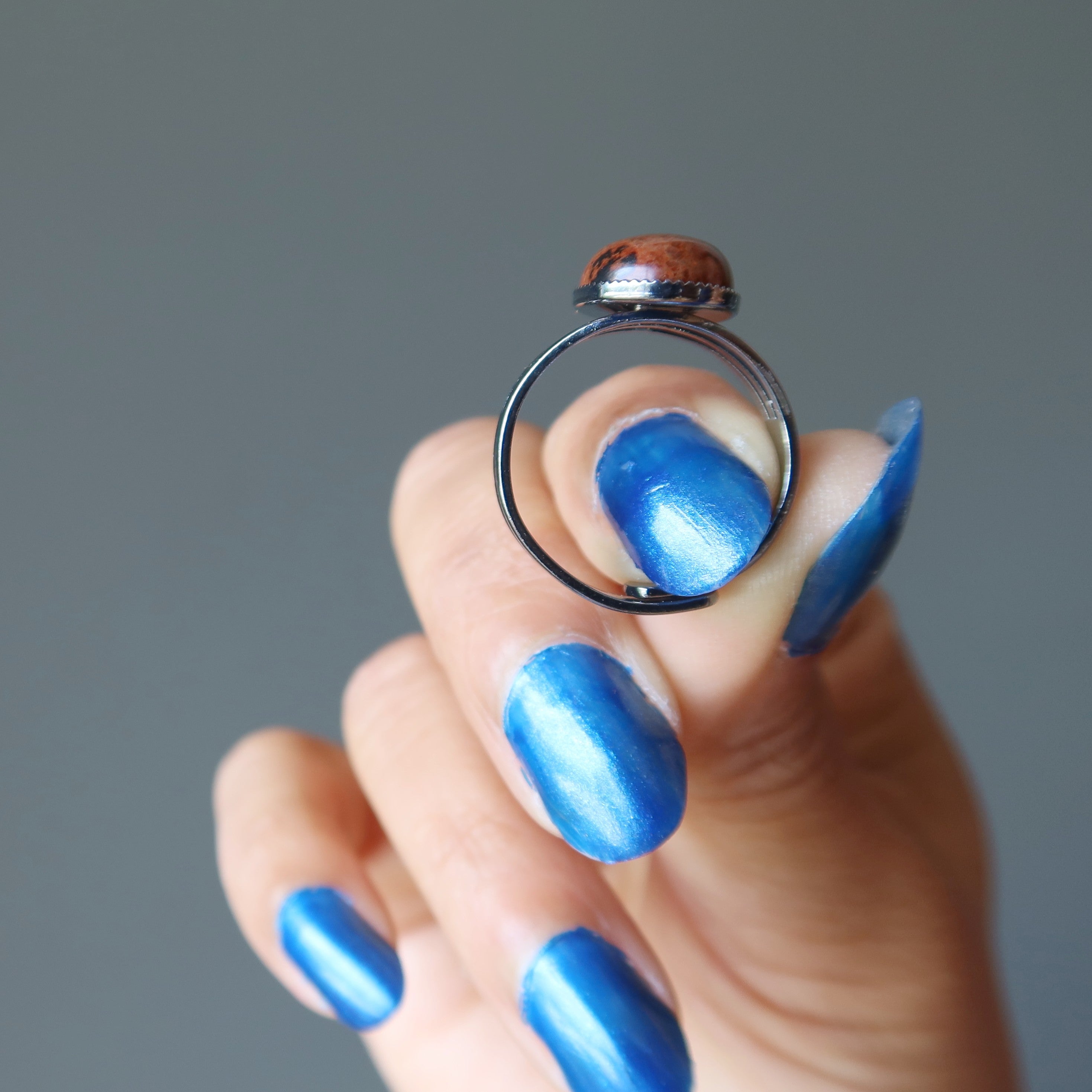 Bague Obsidienne Acajou Gemme Canon de Fusil Ajustable