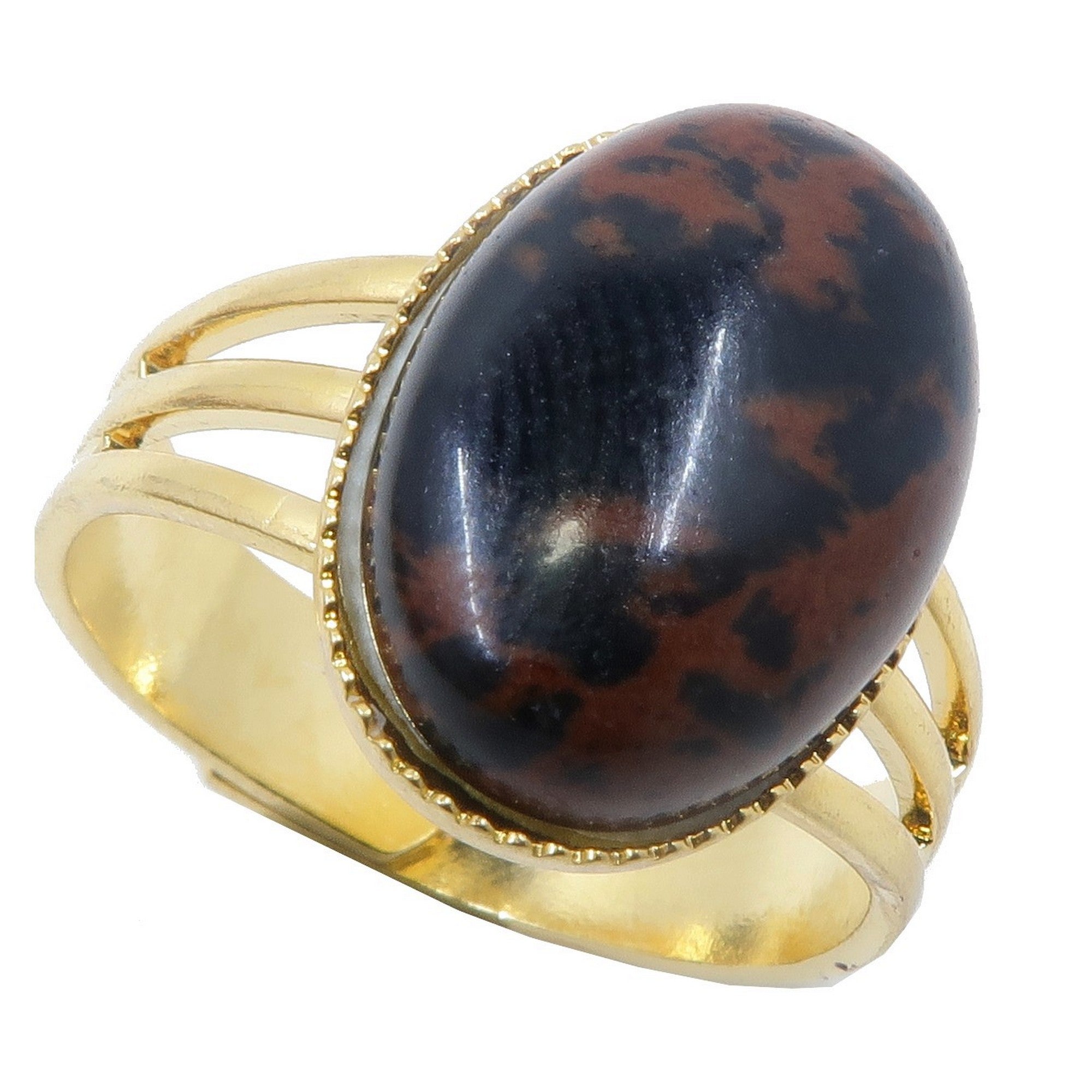 Bague en obsidienne d'acajou, ajustable, en plaqué or