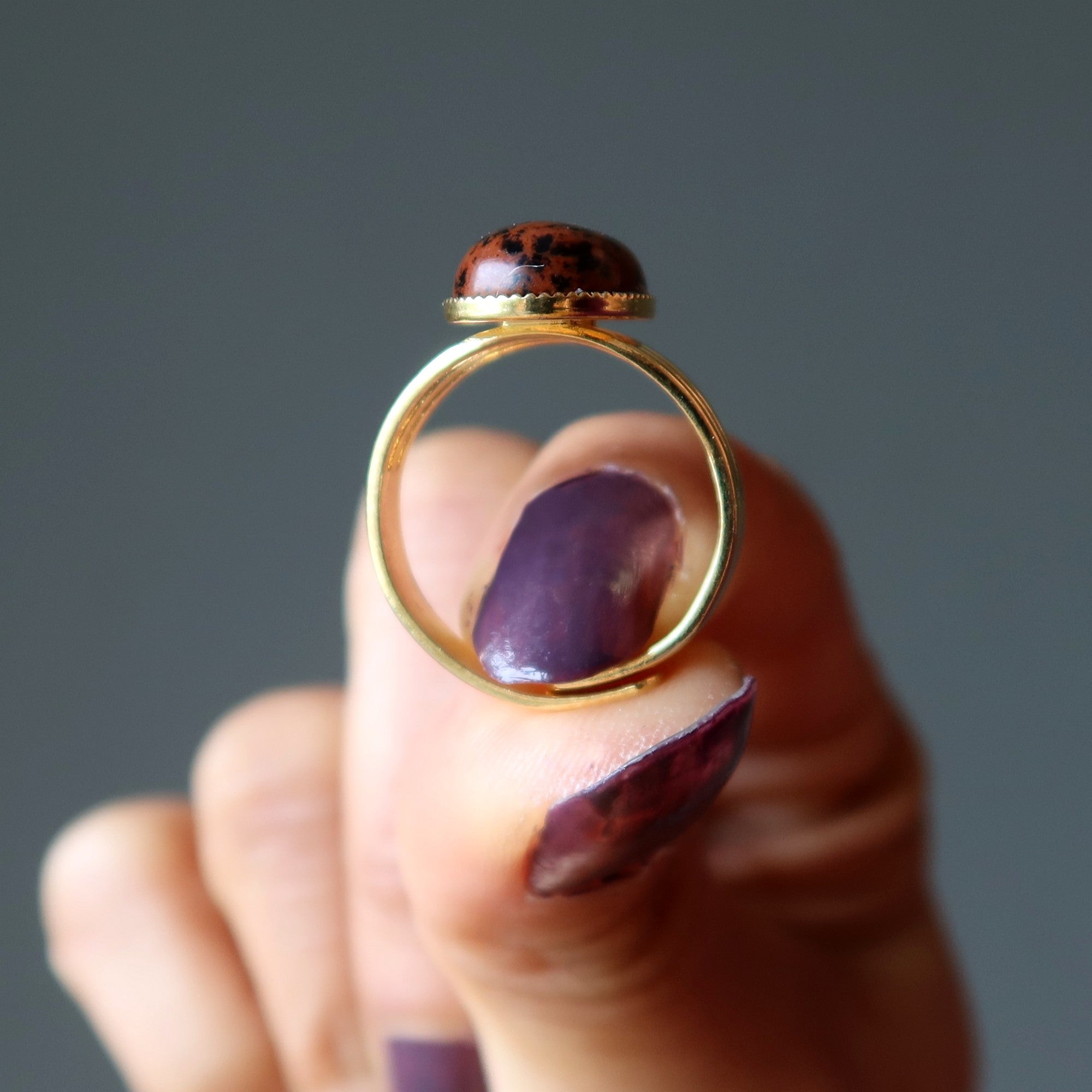Bague en obsidienne d'acajou, ajustable, en plaqué or