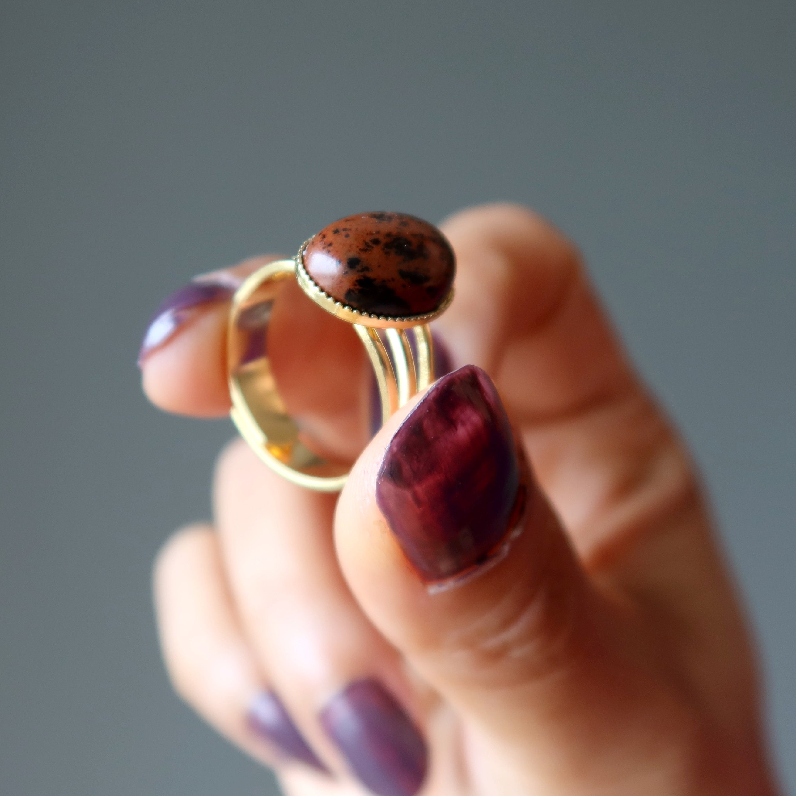 Bague en obsidienne d'acajou, ajustable, en plaqué or