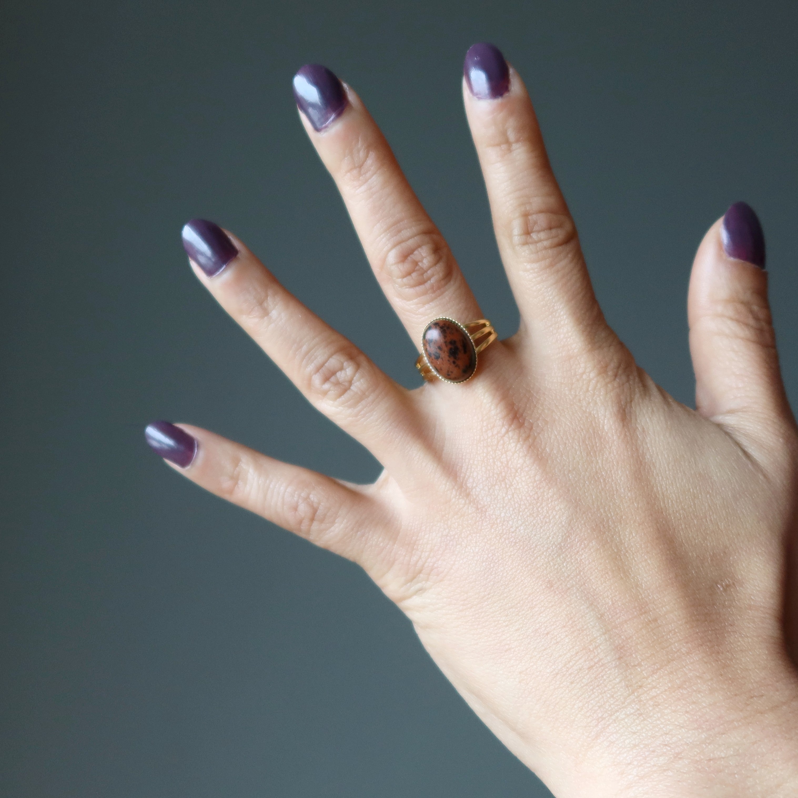 Bague en obsidienne d'acajou, ajustable, en plaqué or