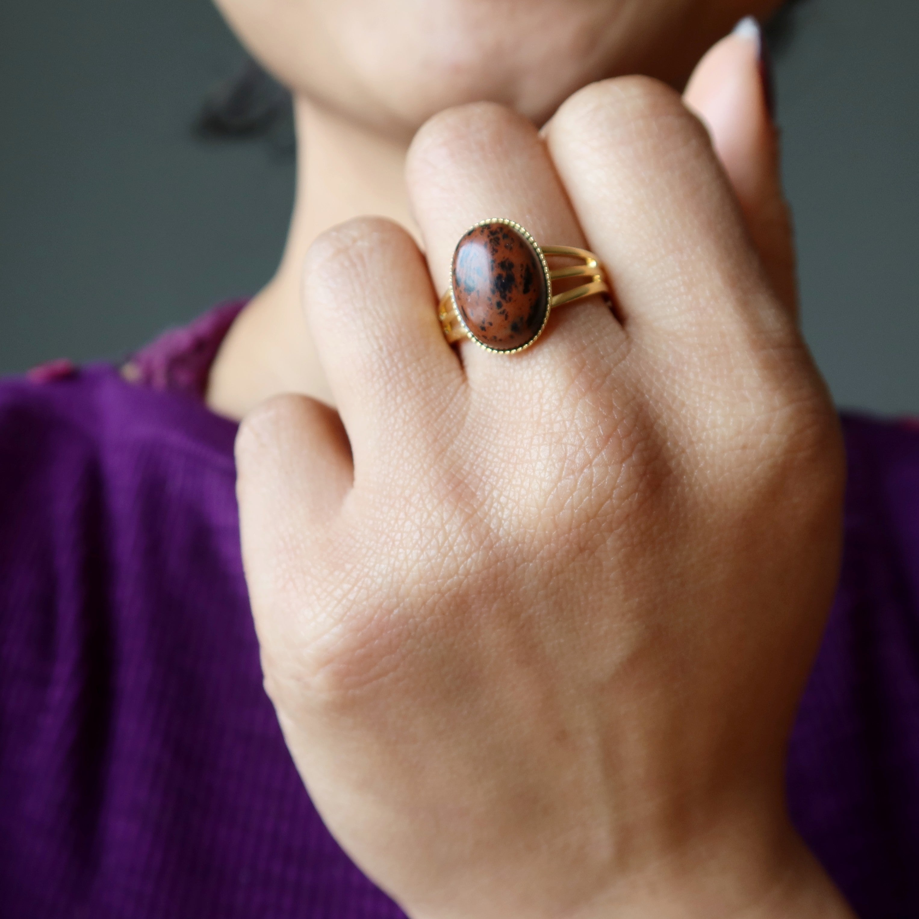 Bague en obsidienne d'acajou, ajustable, en plaqué or
