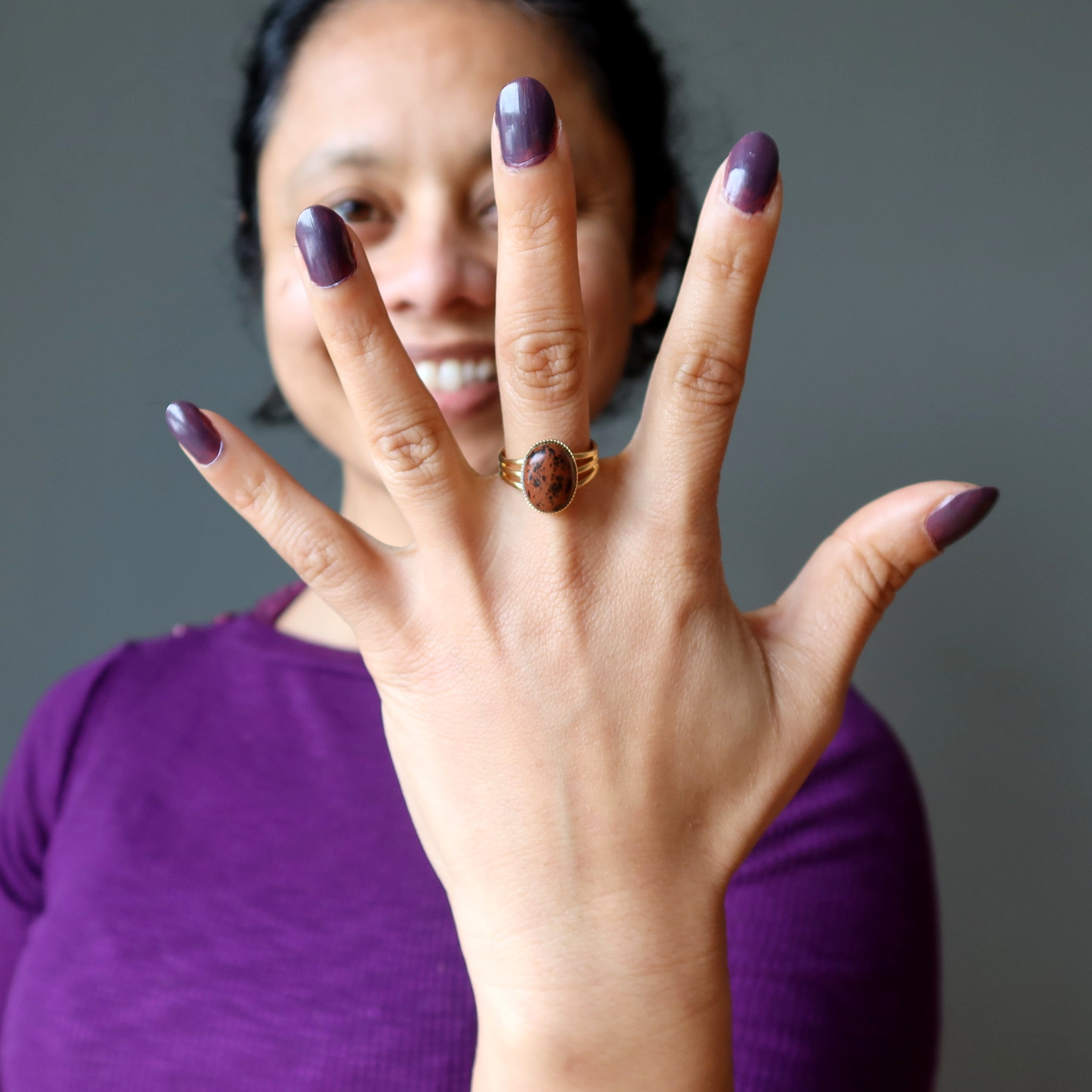 Bague en obsidienne d'acajou, ajustable, en plaqué or