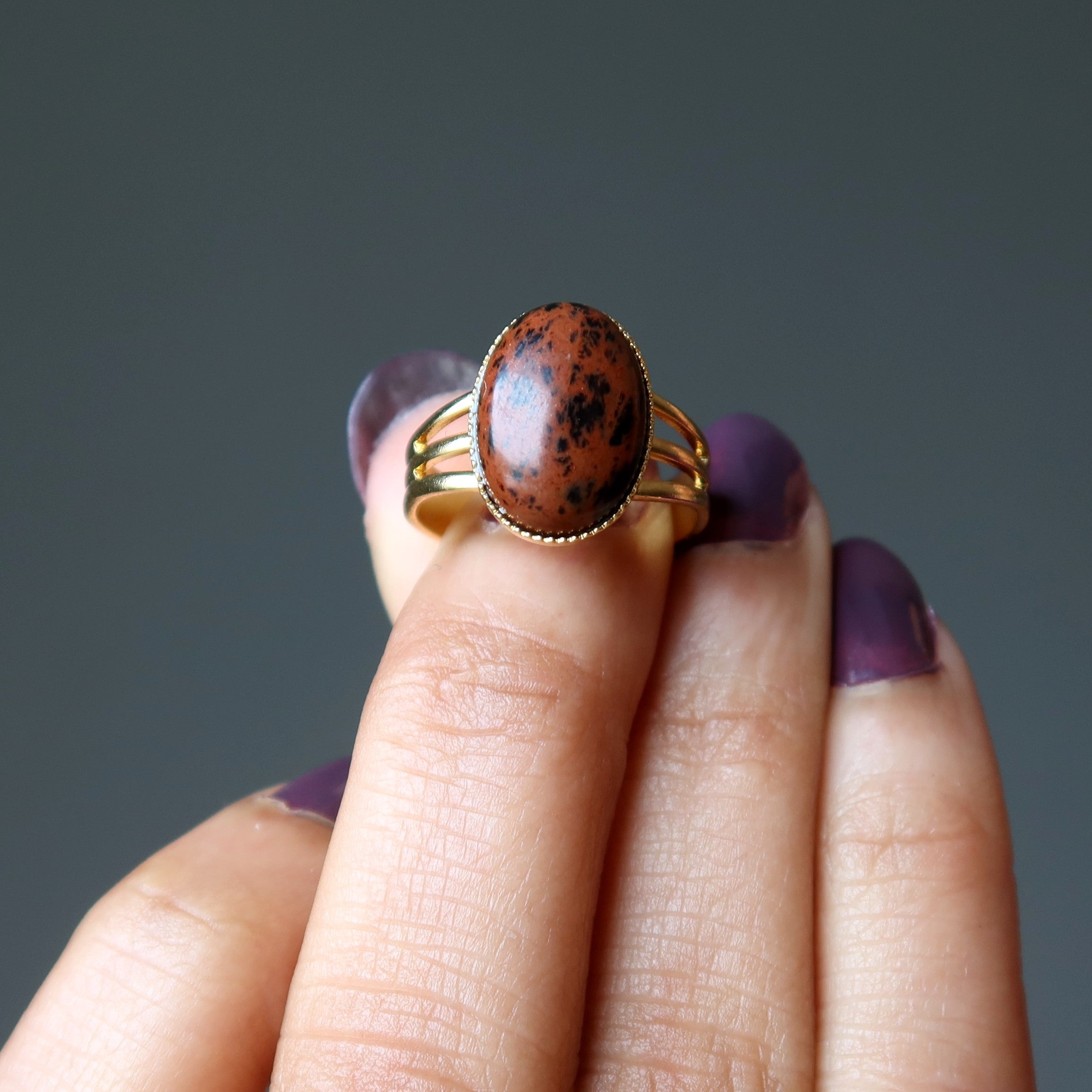 Bague en obsidienne d'acajou, ajustable, en plaqué or