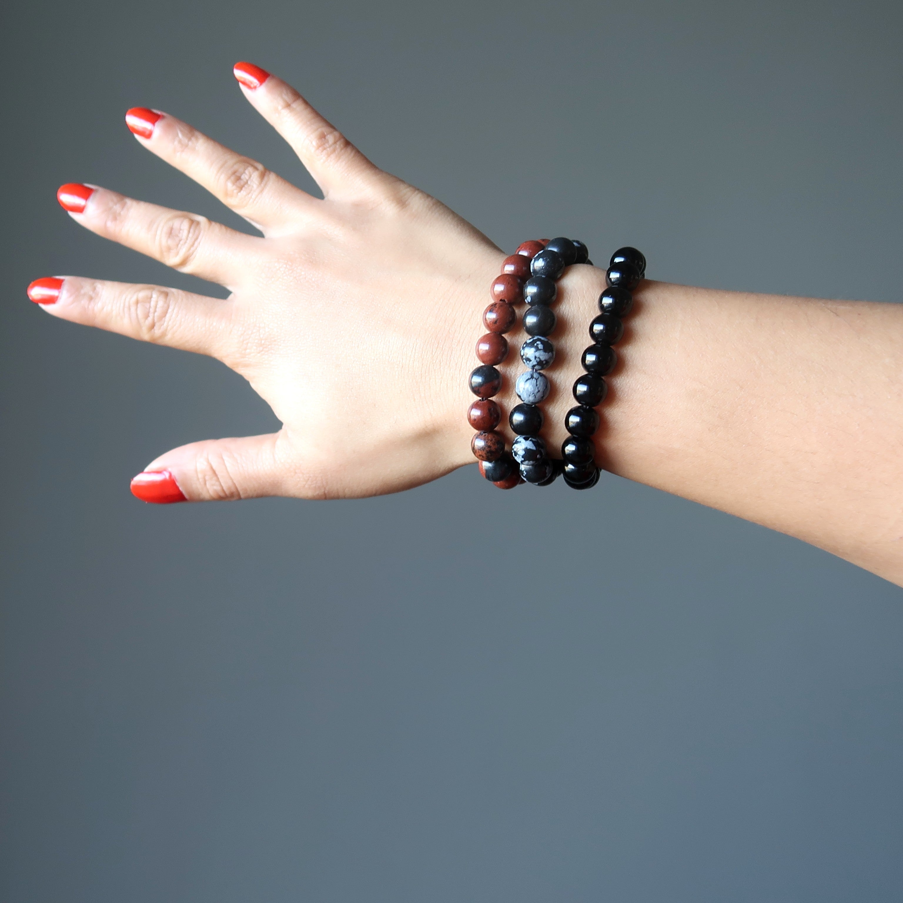 Obsidian Bracelet Set Black Mahogany Snowflake Protector