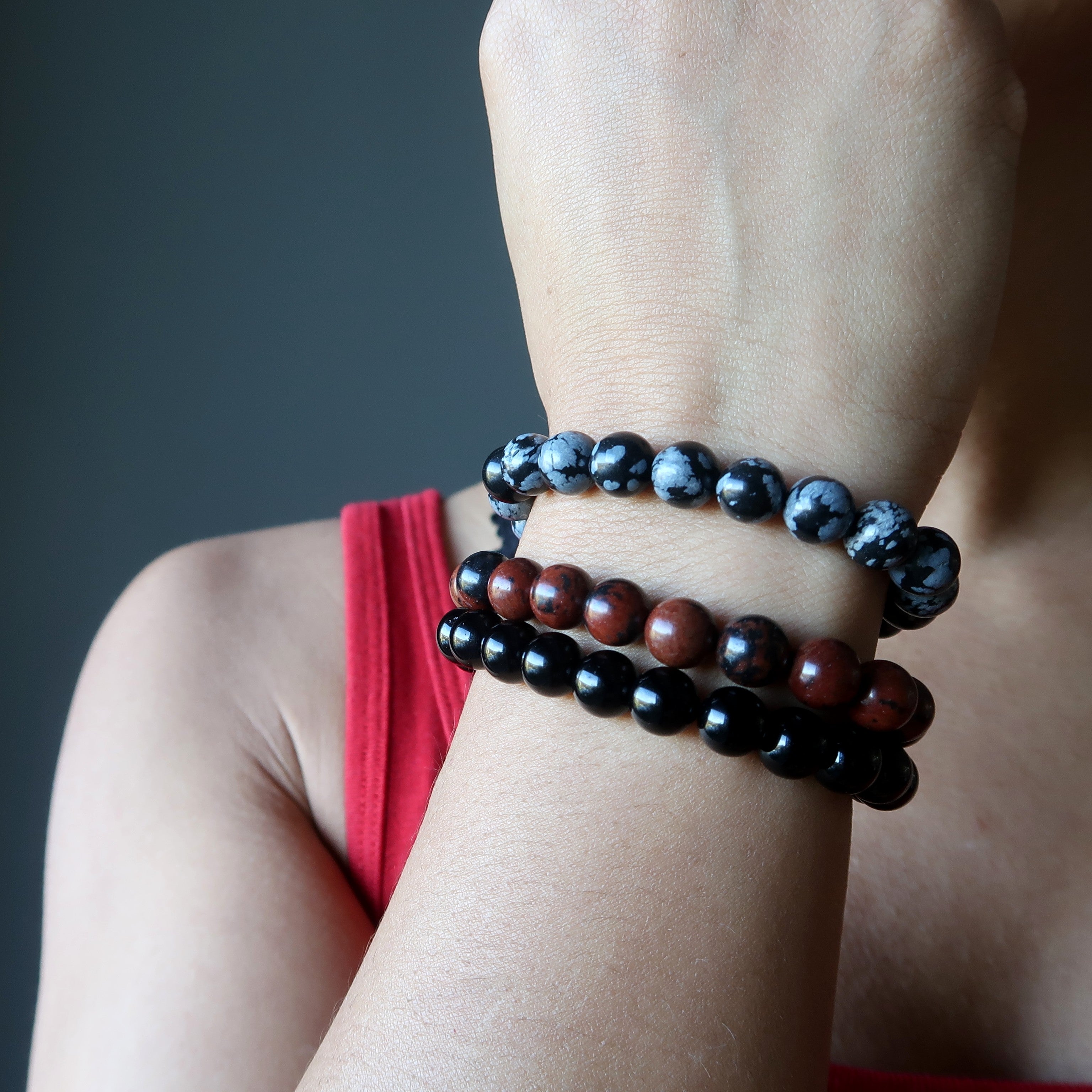 Obsidian Bracelet Set Black Mahogany Snowflake Protector
