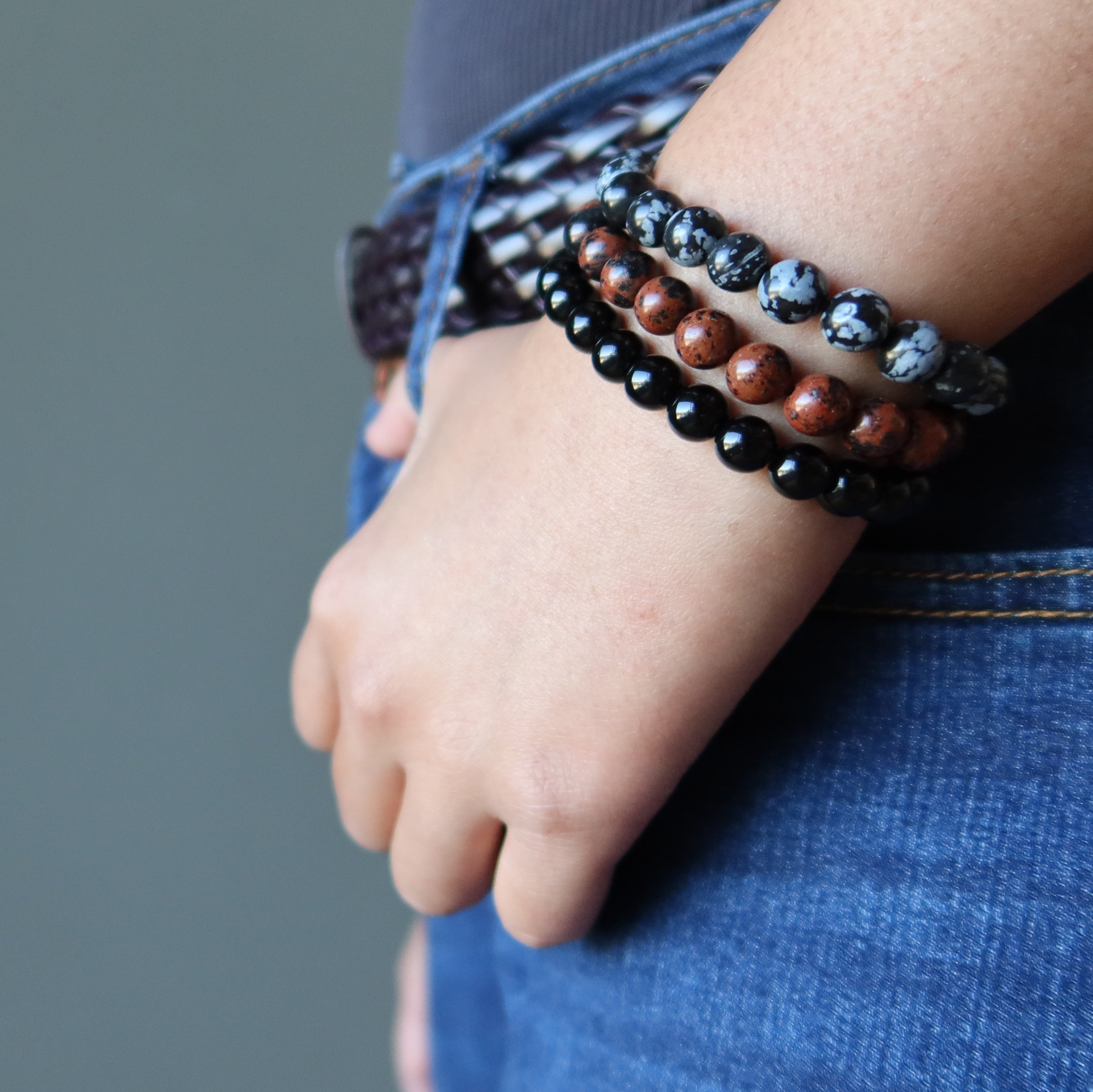 Obsidian Bracelet Set Black Mahogany Snowflake Protector