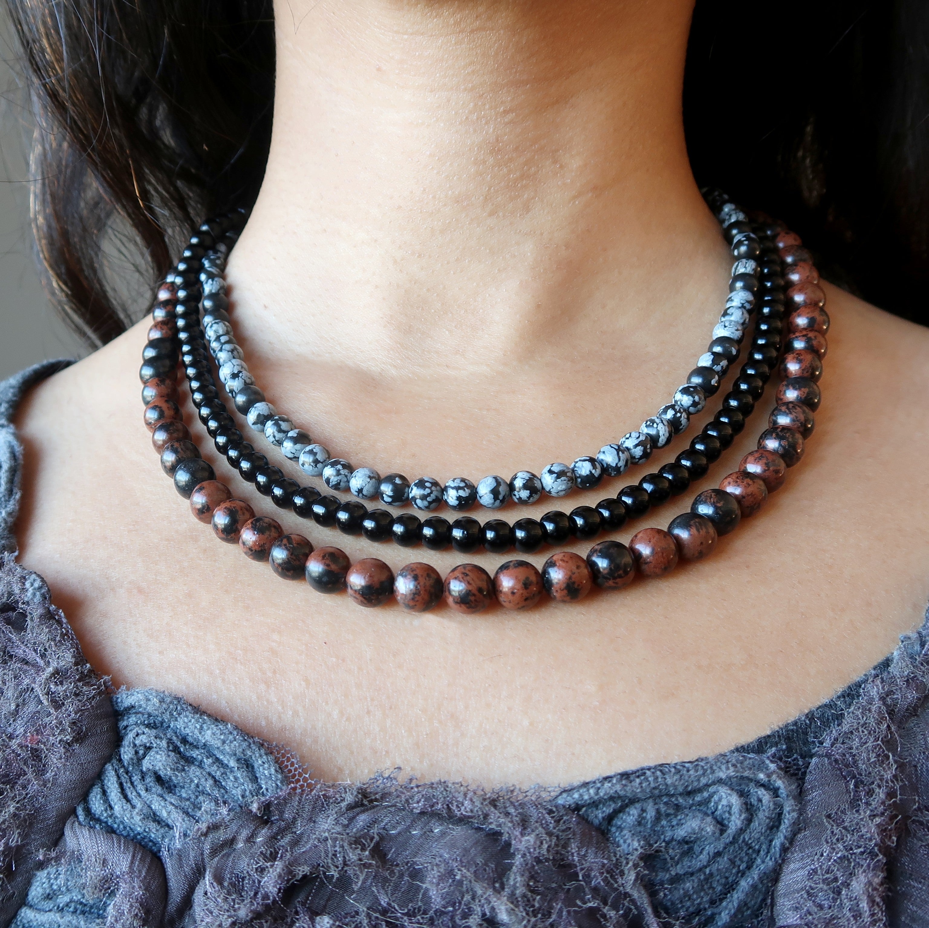 Collier Obsidienne Flocon de Neige 3 Couches Acajou Noir