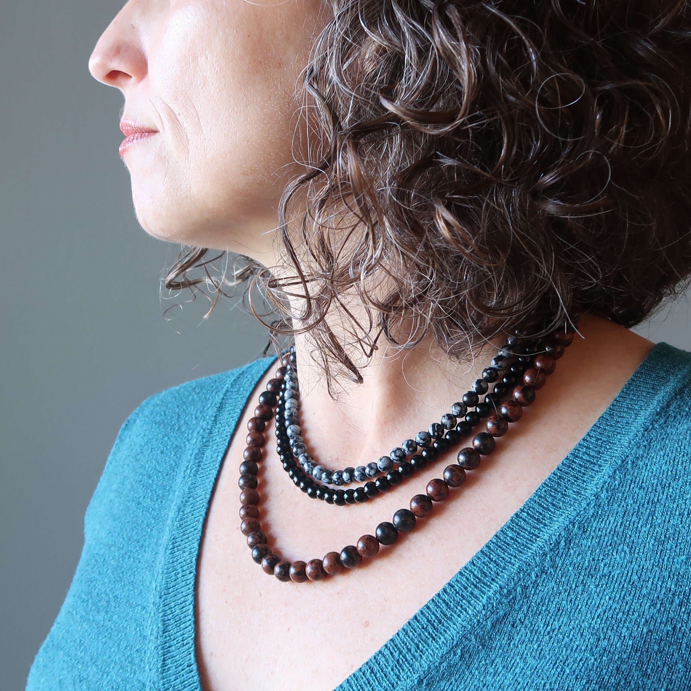 Collier Obsidienne Flocon de Neige 3 Couches Acajou Noir