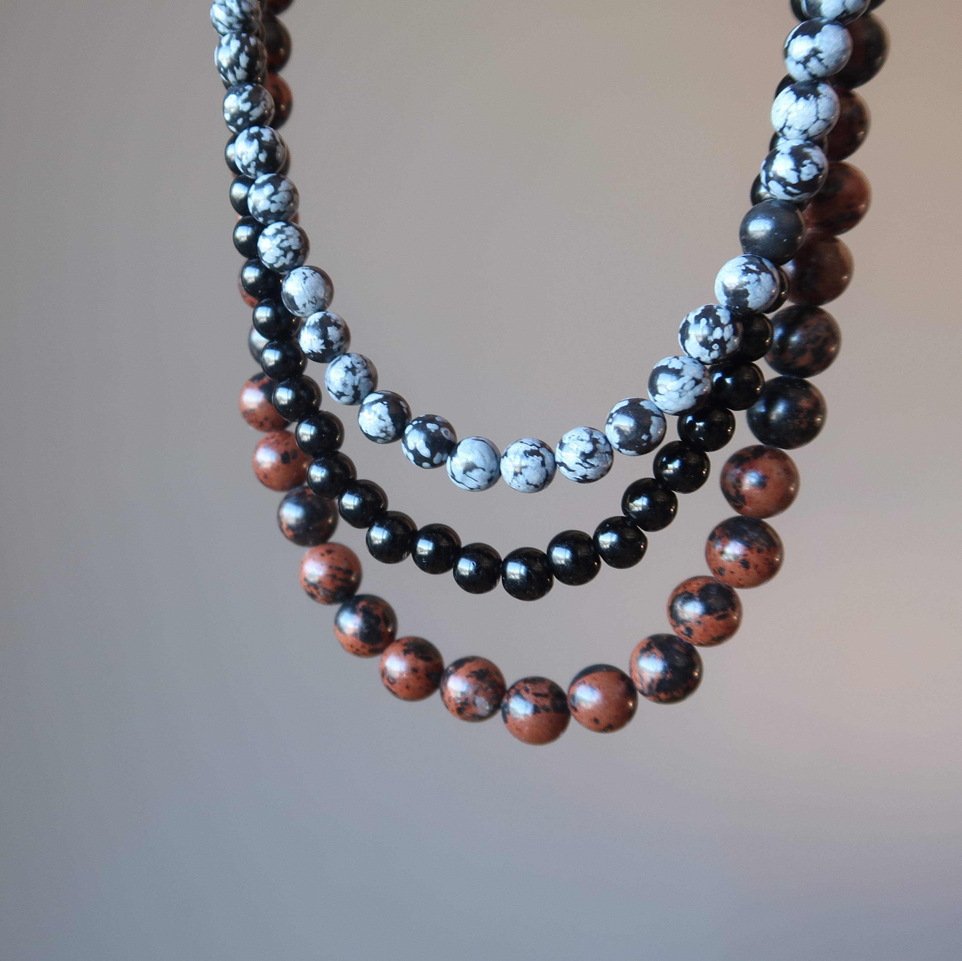 Collier Obsidienne Flocon de Neige 3 Couches Acajou Noir
