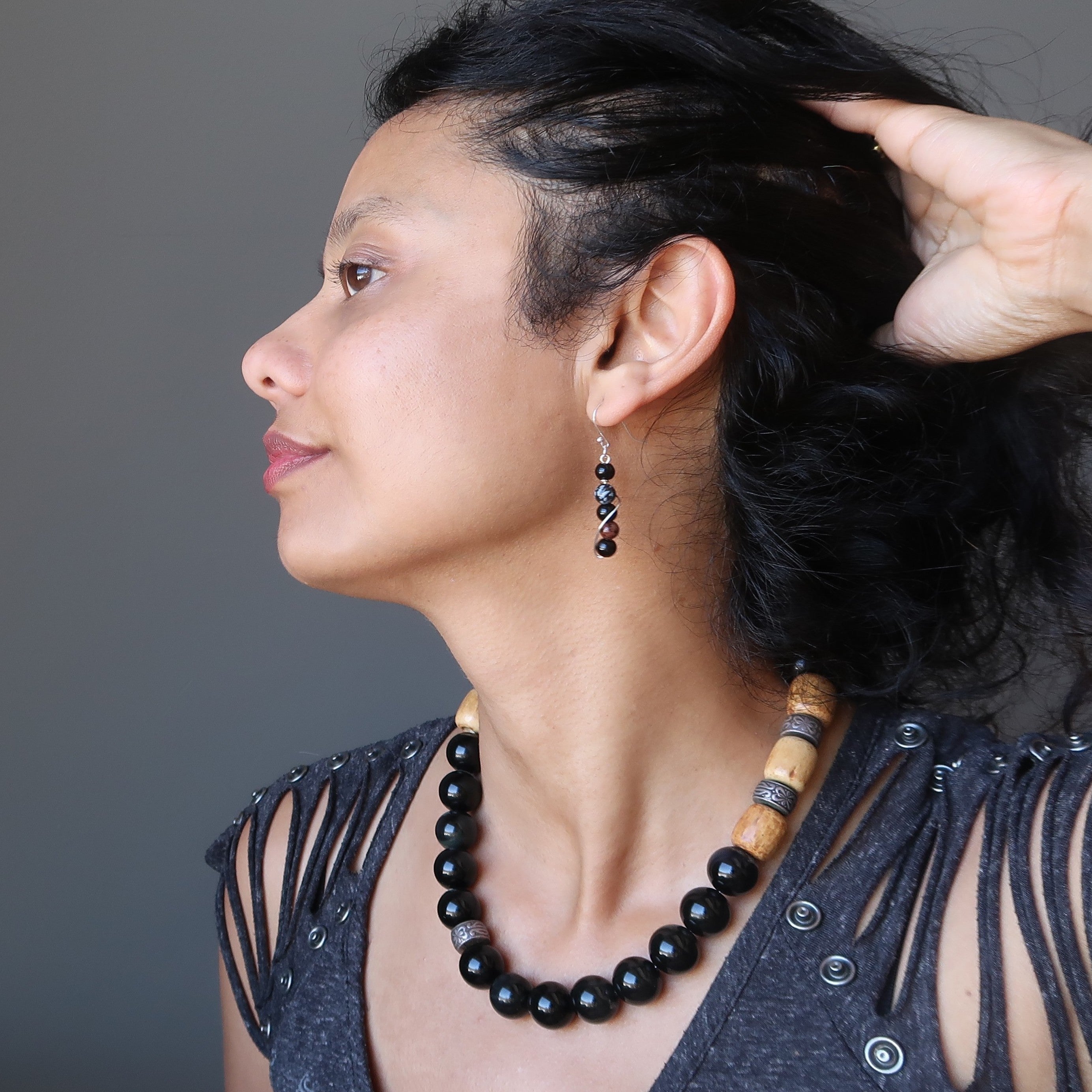 Obsidian Earrings Total Protection Black, Snowflake, Mahogany