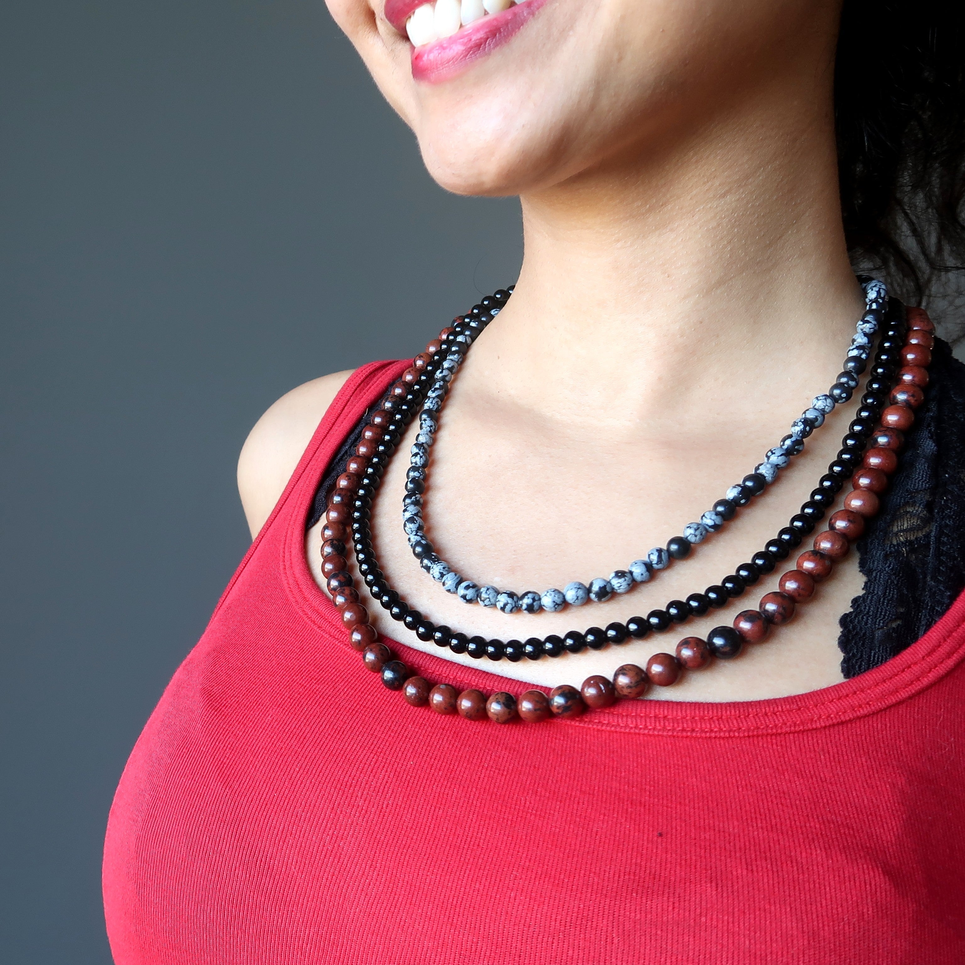 Collier Obsidienne Flocon de Neige 3 Couches Acajou Noir