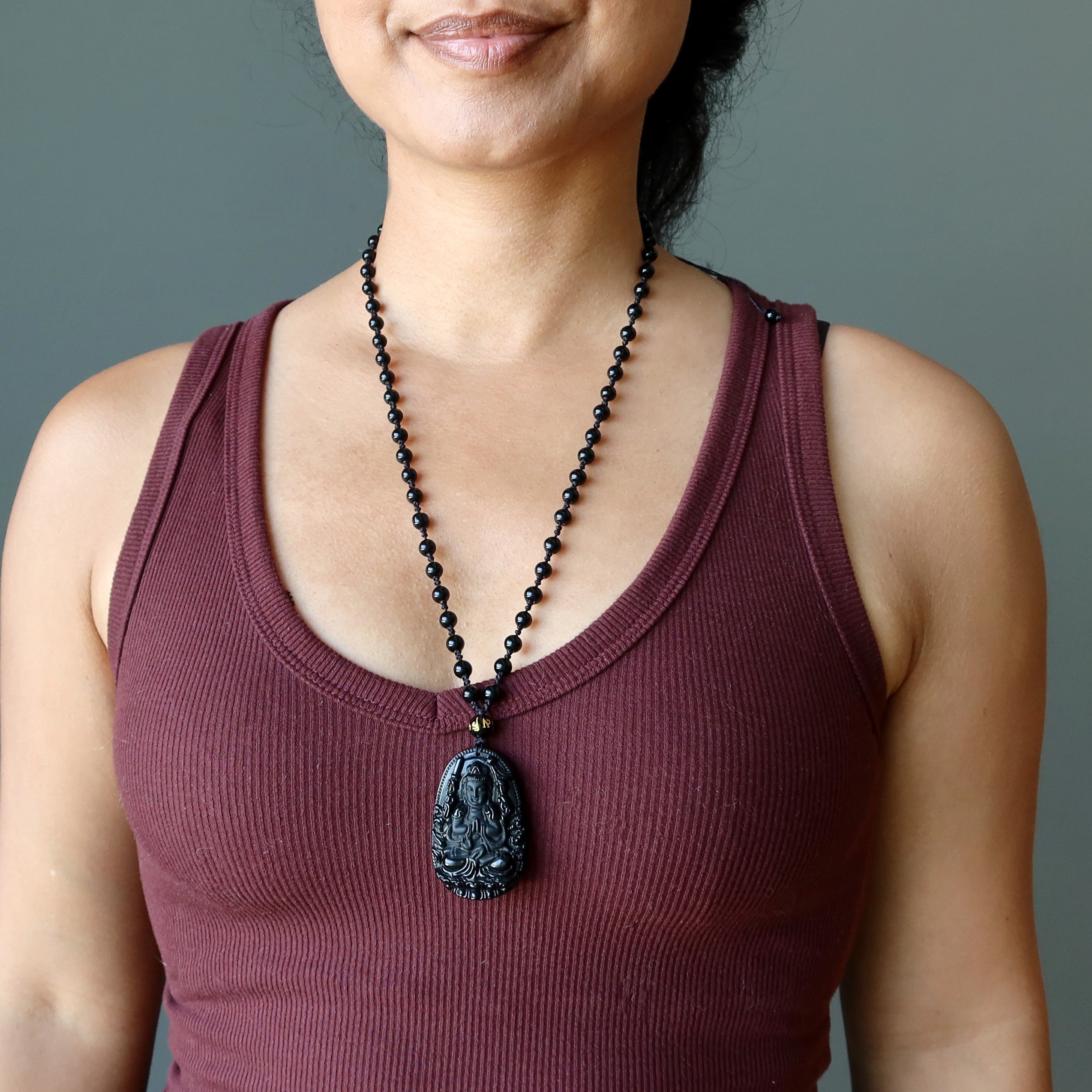 Black Obsidian Necklace Kwan Yin Goddess Protection