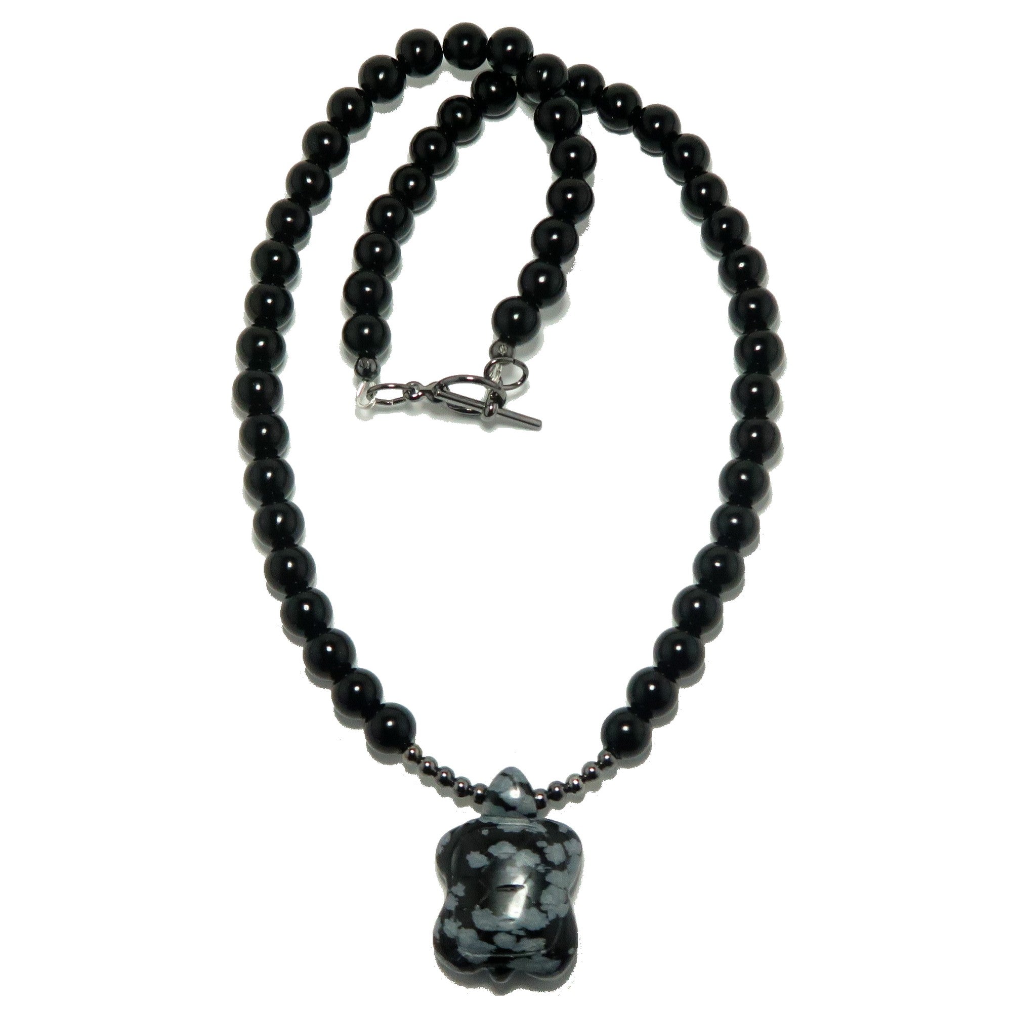 Halskette Schwarzer Obsidian Schneeflocke Schildkröte Gunmetal