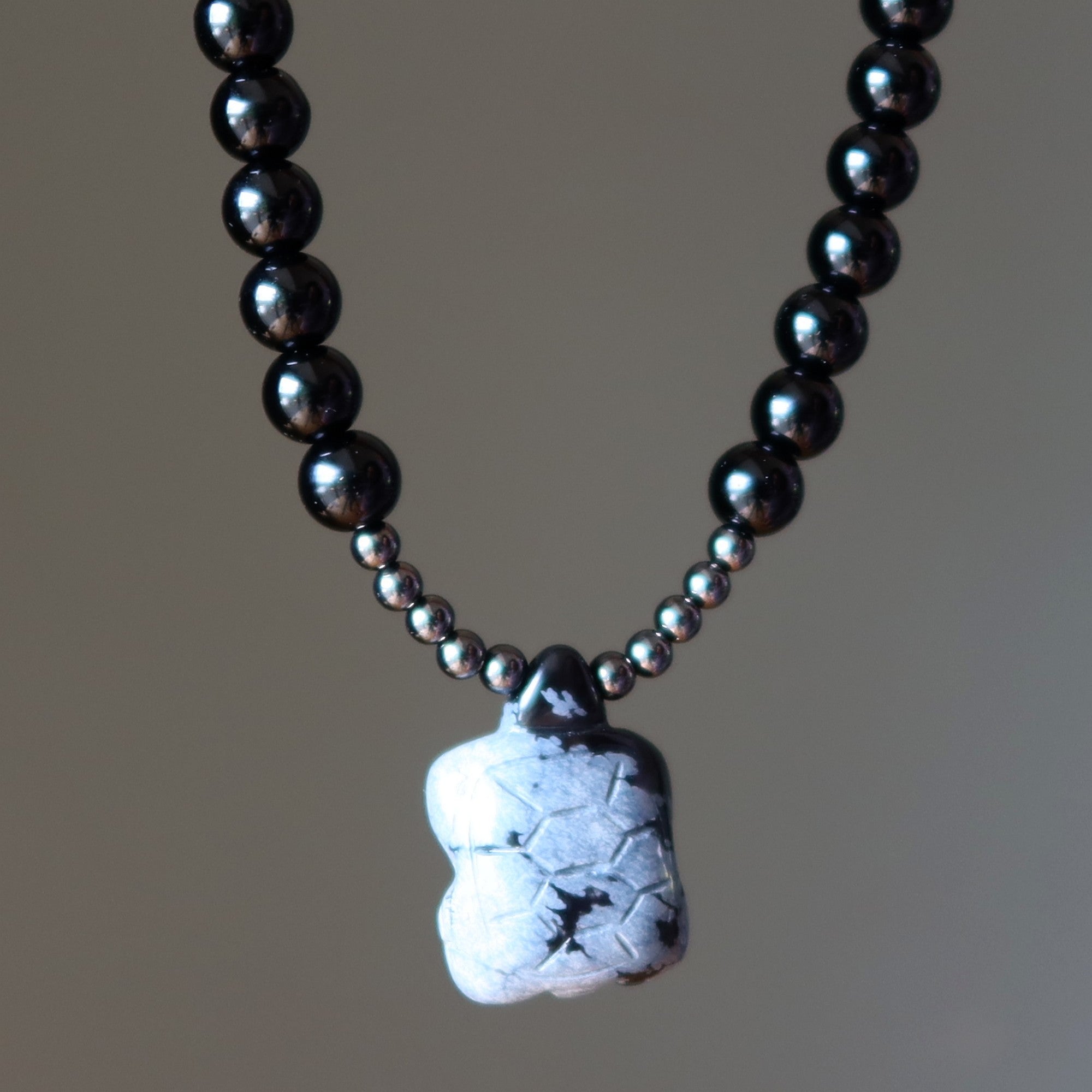 Halskette Schwarzer Obsidian Schneeflocke Schildkröte Gunmetal
