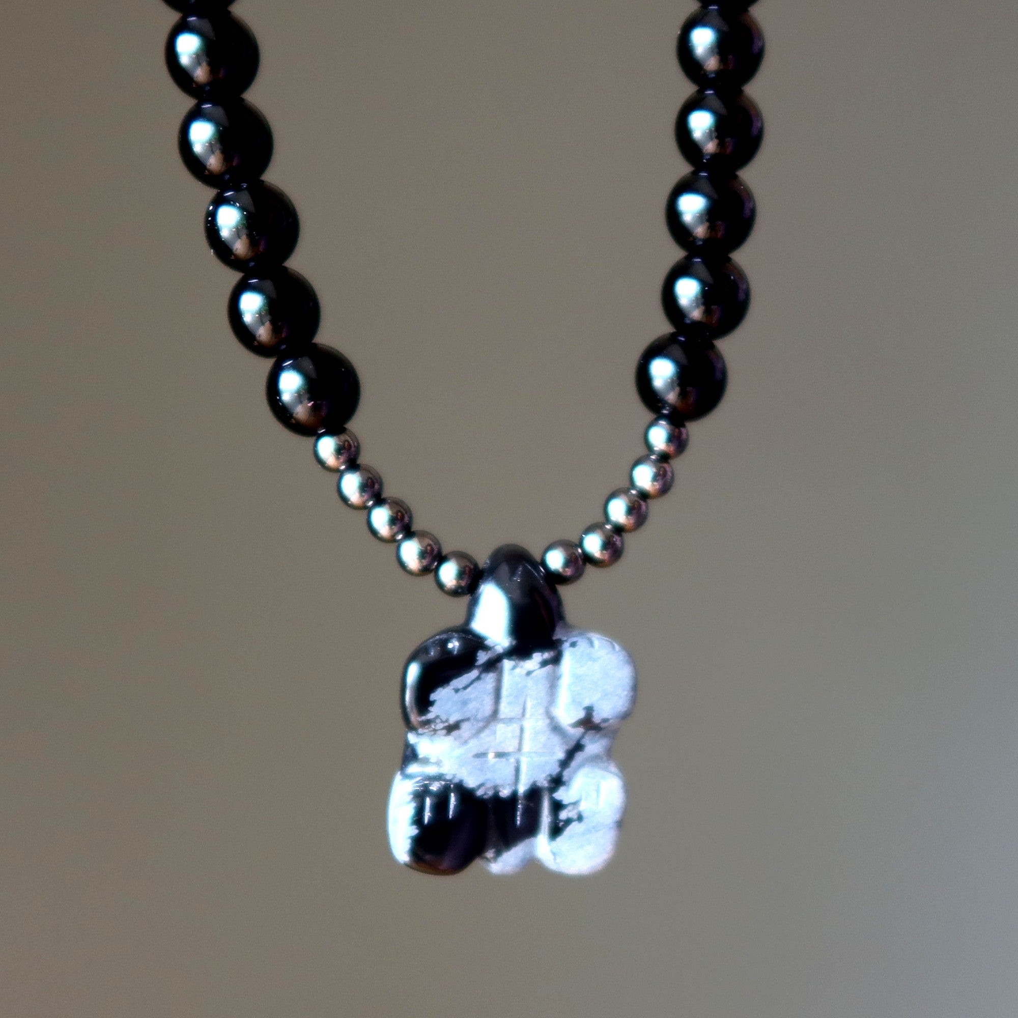 Halskette Schwarzer Obsidian Schneeflocke Schildkröte Gunmetal