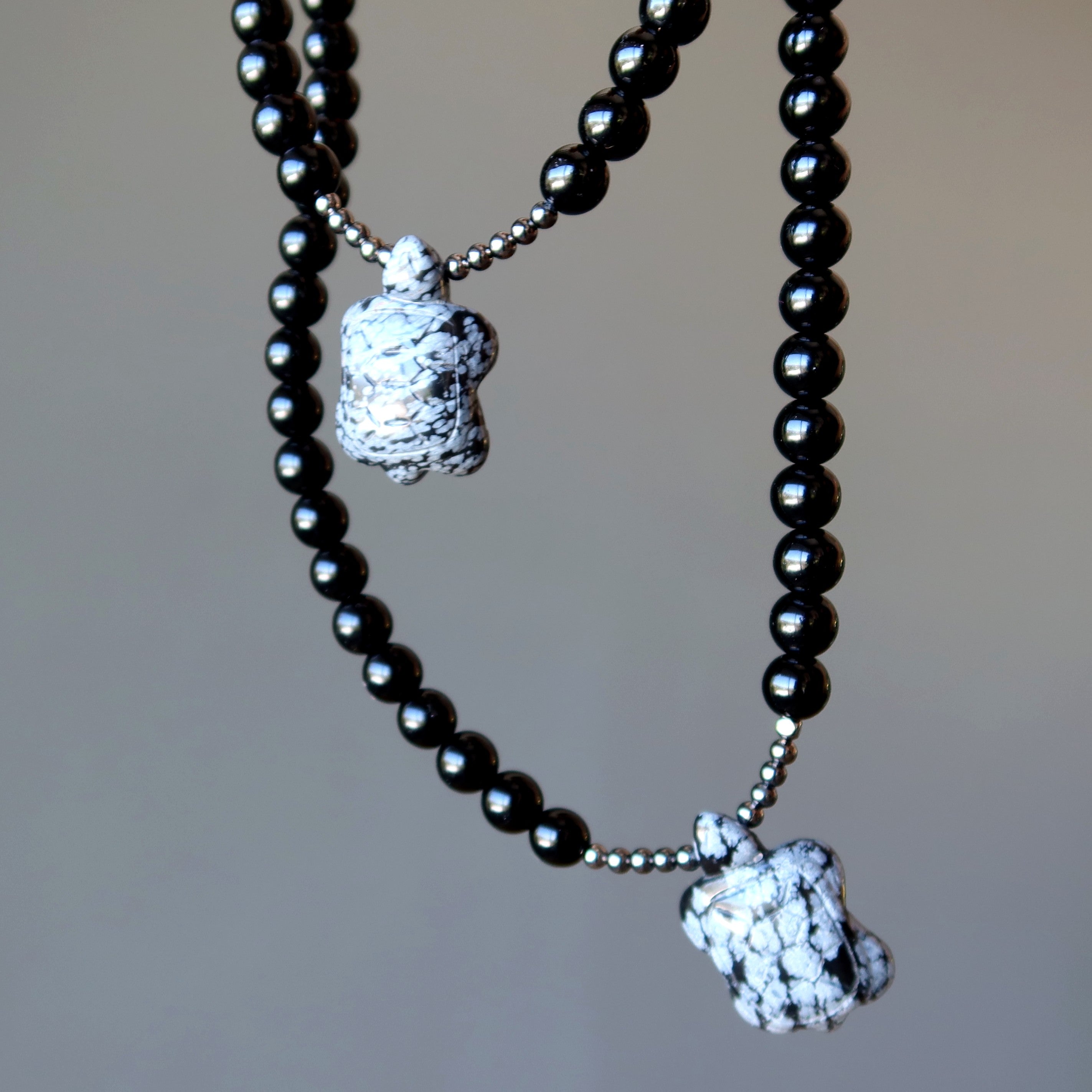 Halskette Schwarzer Obsidian Schneeflocke Schildkröte Gunmetal