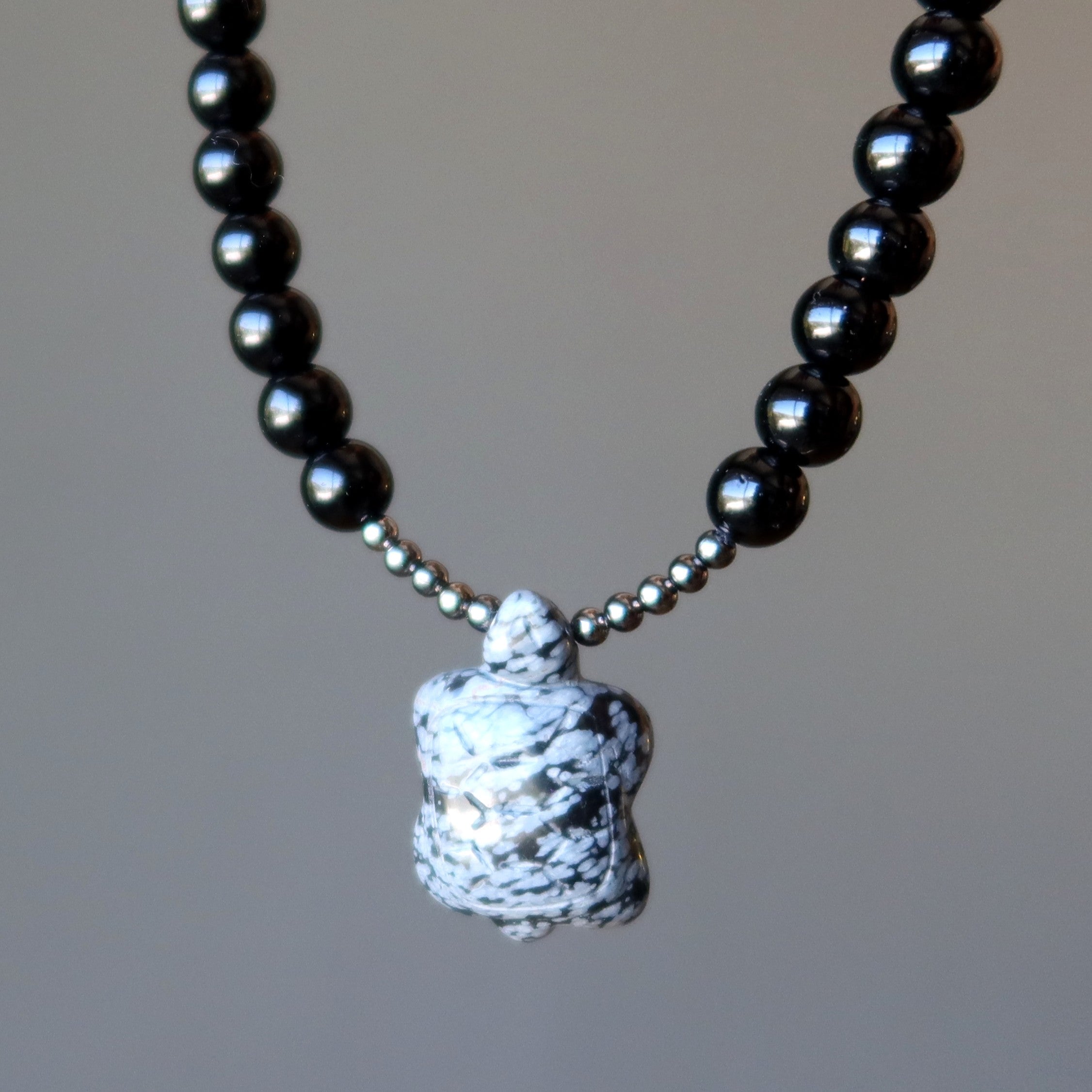 Halskette Schwarzer Obsidian Schneeflocke Schildkröte Gunmetal