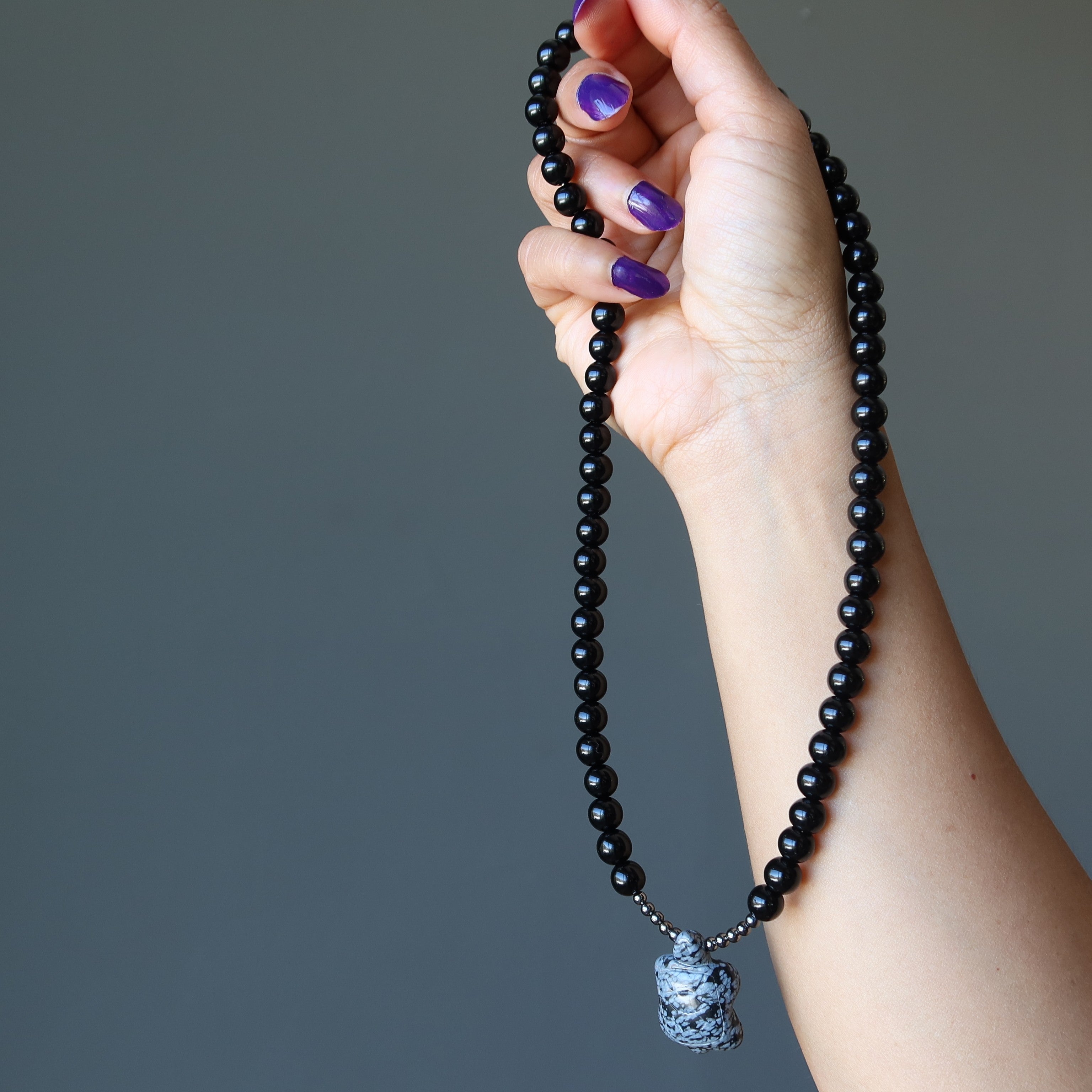 Halskette Schwarzer Obsidian Schneeflocke Schildkröte Gunmetal