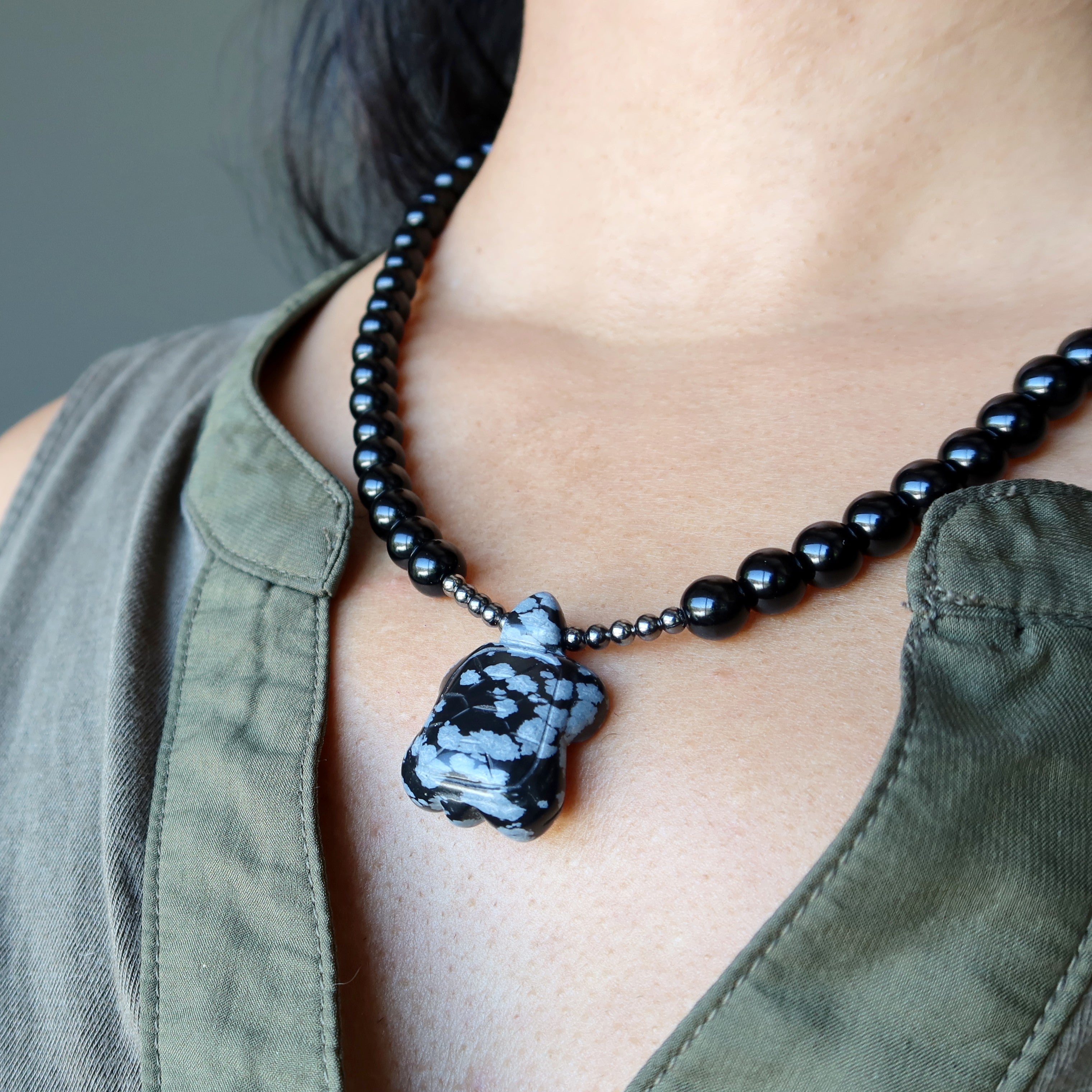 Halskette Schwarzer Obsidian Schneeflocke Schildkröte Gunmetal