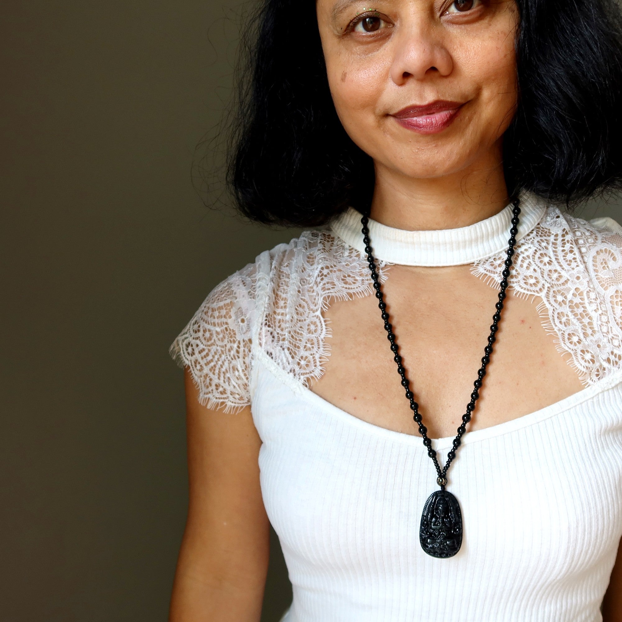 Black Obsidian Necklace Kwan Yin Goddess Protection