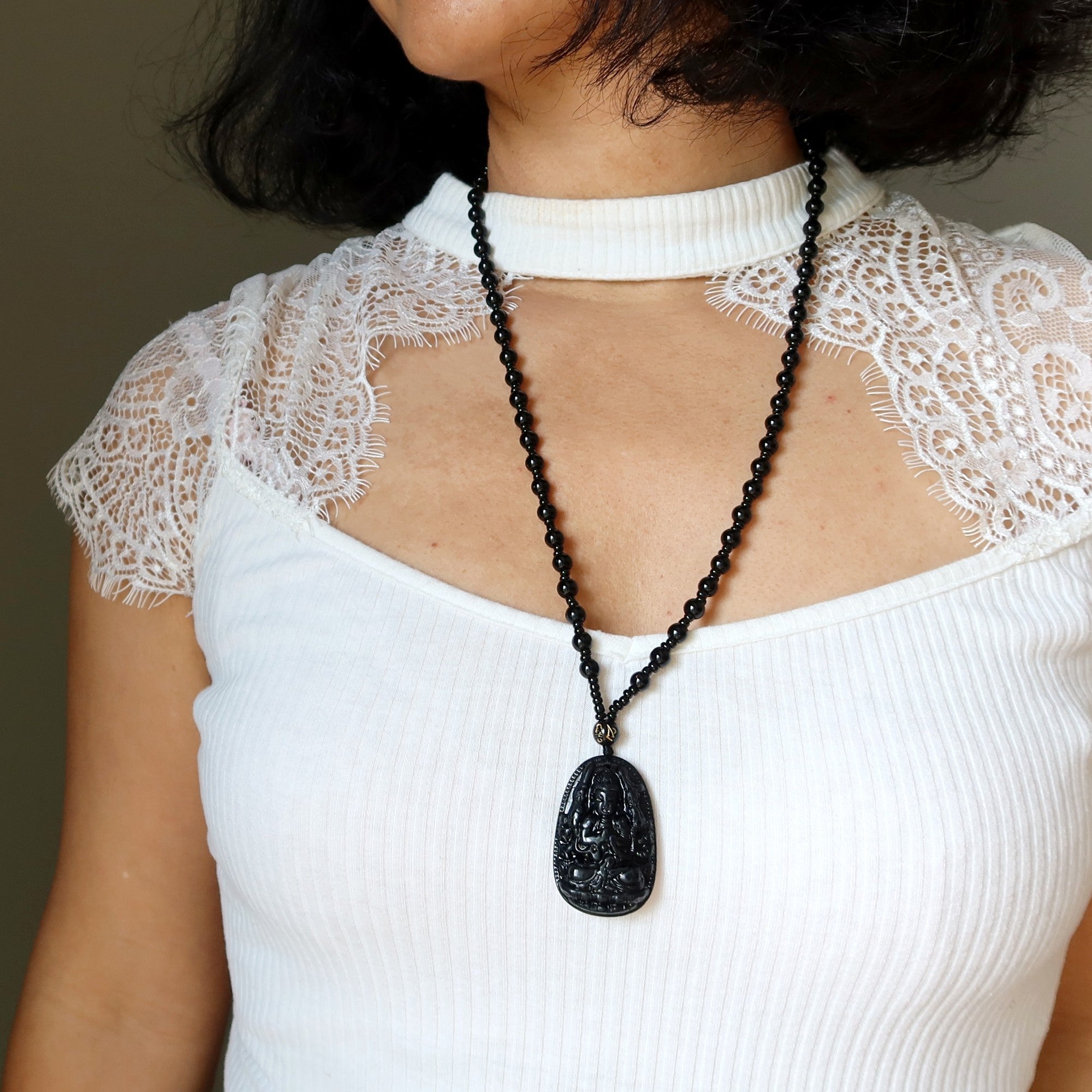 Black Obsidian Necklace Kwan Yin Goddess Protection