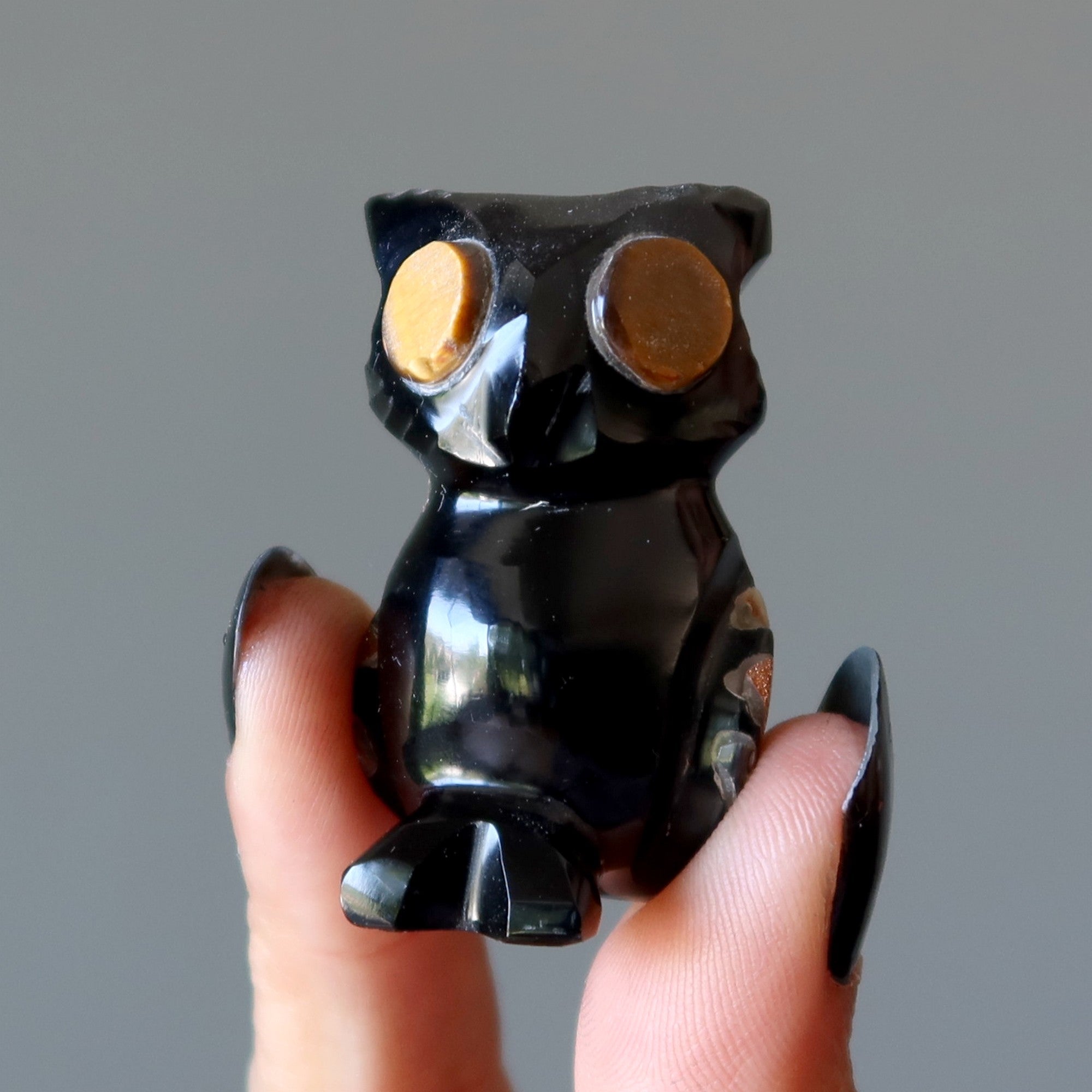 Hibou en obsidienne noire à l'affût Œil de tigre