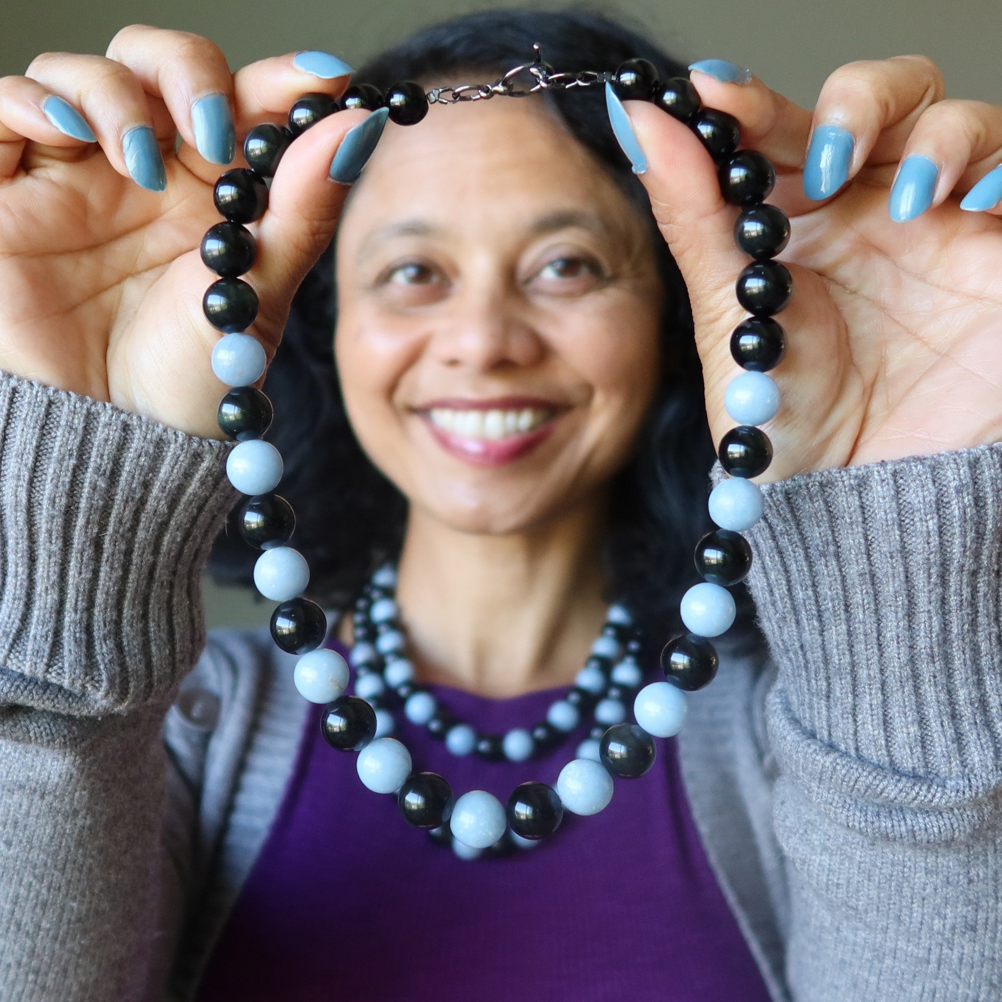 Collier Angélite et Obsidienne Arc-en-ciel - Gemme Ange de la Nuit