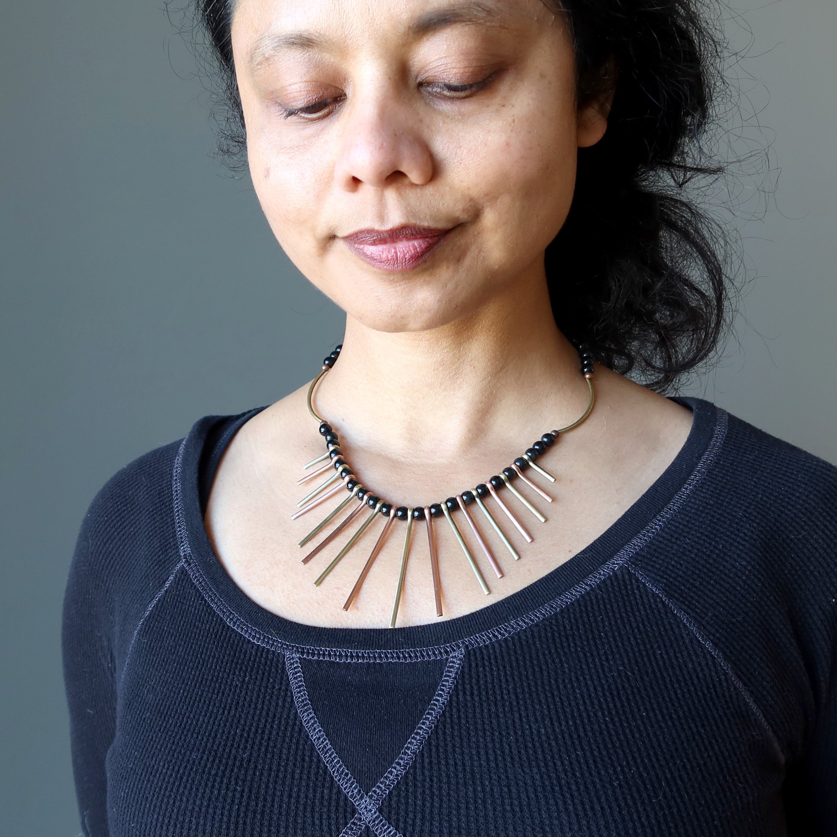 Black Obsidian Necklace Queen's Fanfare Gold Brass