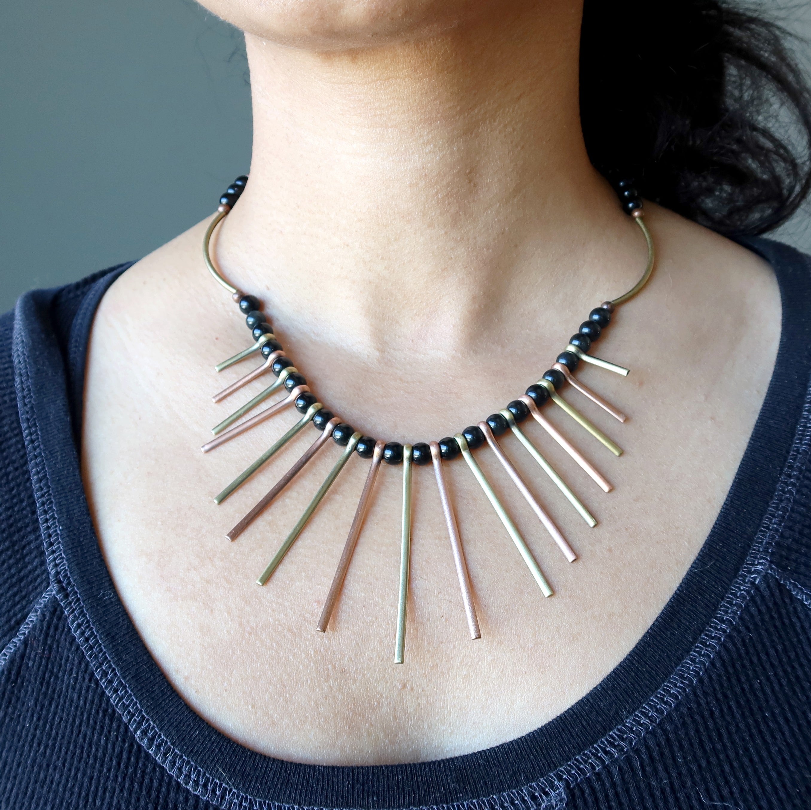 Black Obsidian Necklace Queen's Fanfare Gold Brass