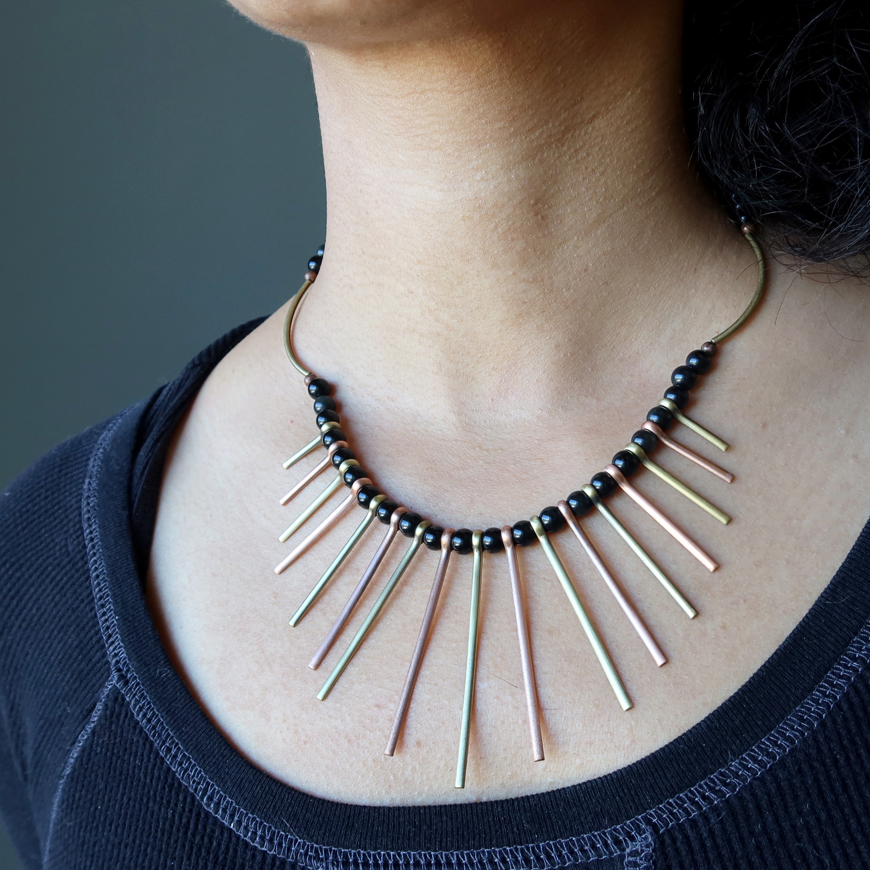 Black Obsidian Necklace Queen's Fanfare Gold Brass