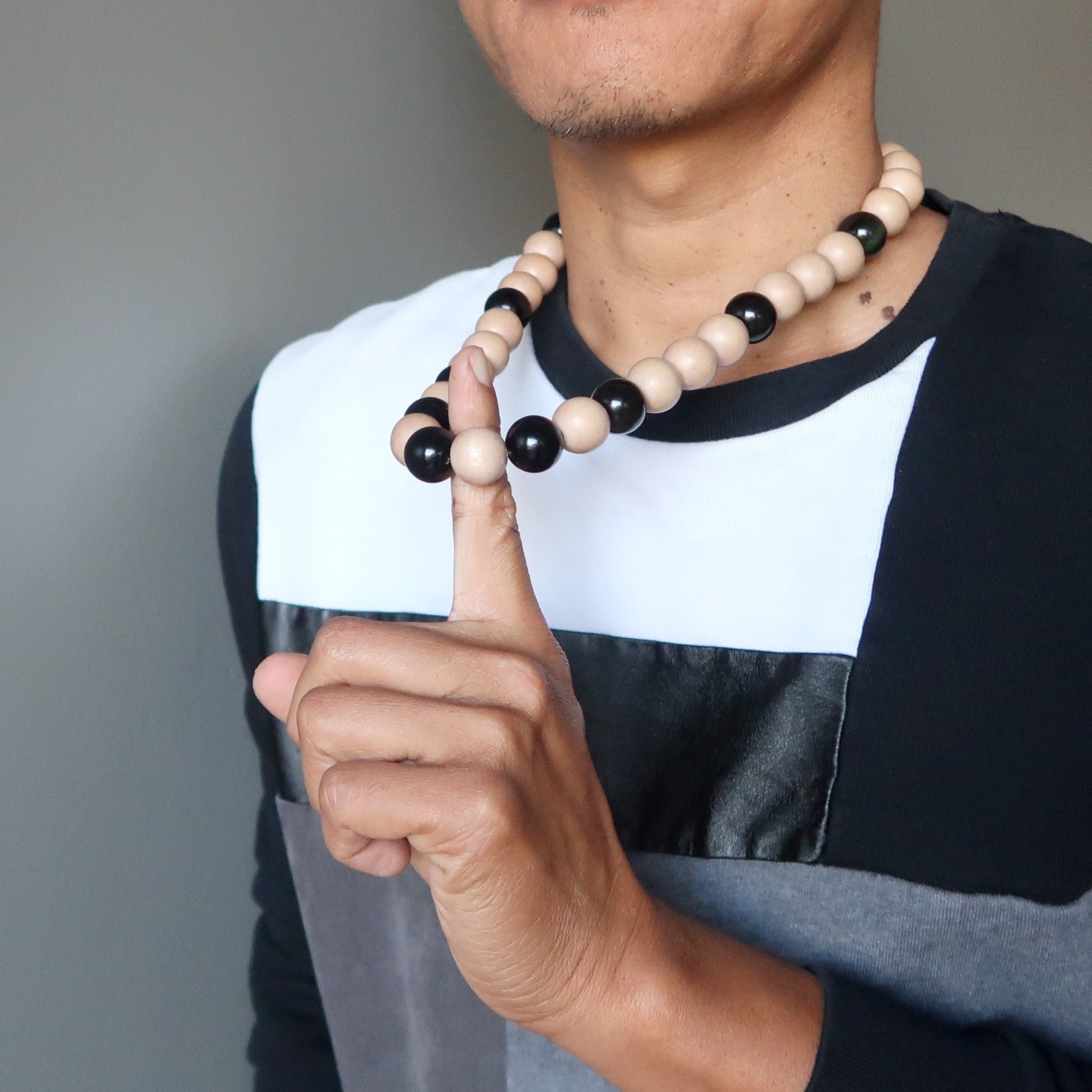 Collier obsidienne arc-en-ciel perlé bois Big Boss