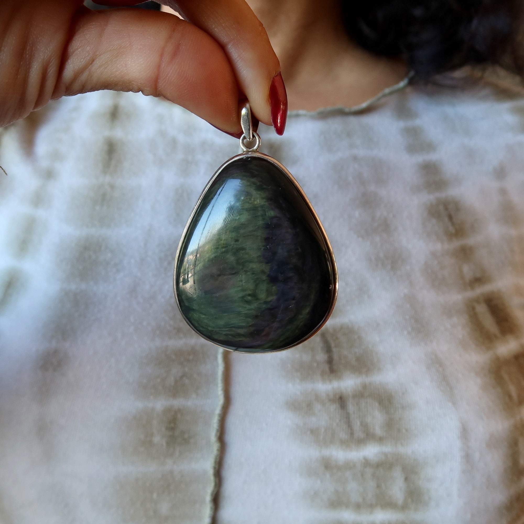 Rainbow Obsidian Pendant Big Protector Sterling Silver