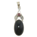 Rainbow Obsidian pendant bodyguard in sterling silver with garnet and leaf design, glossy protective gemstone jewelry