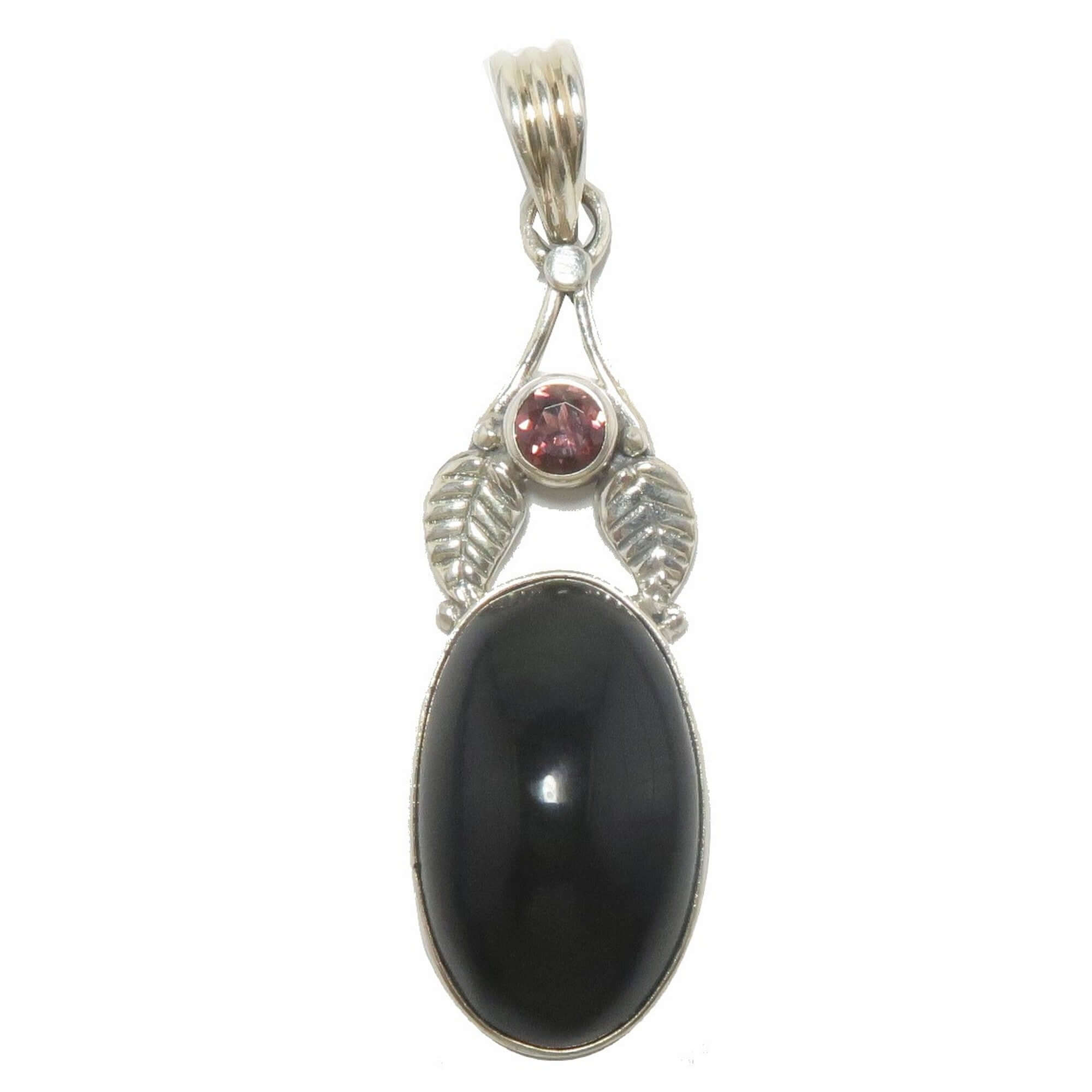Rainbow Obsidian pendant bodyguard in sterling silver with garnet and leaf design, glossy protective gemstone jewelry