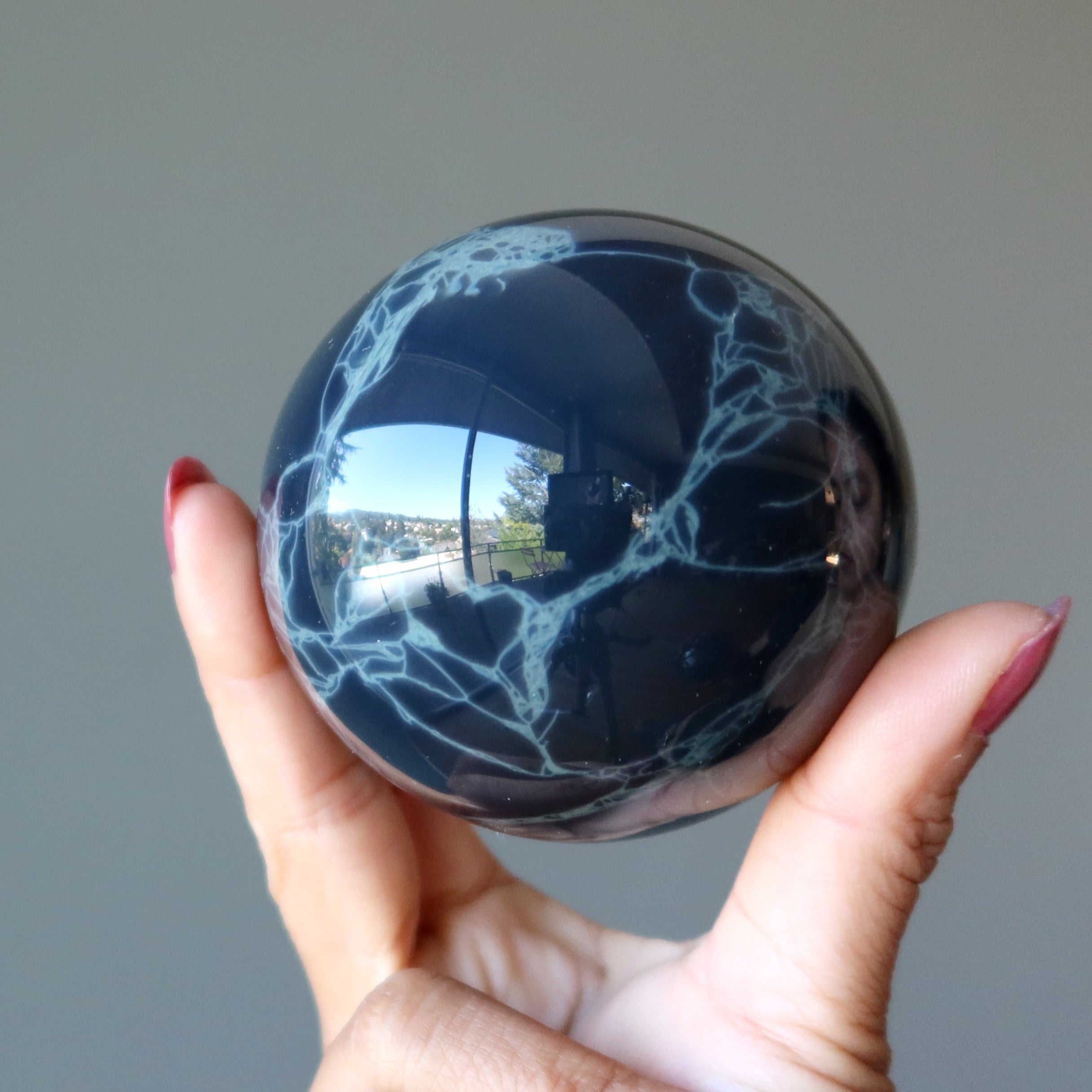 Spiderweb Obsidian Sphere Dream Catcher Blue Crystal Ball
