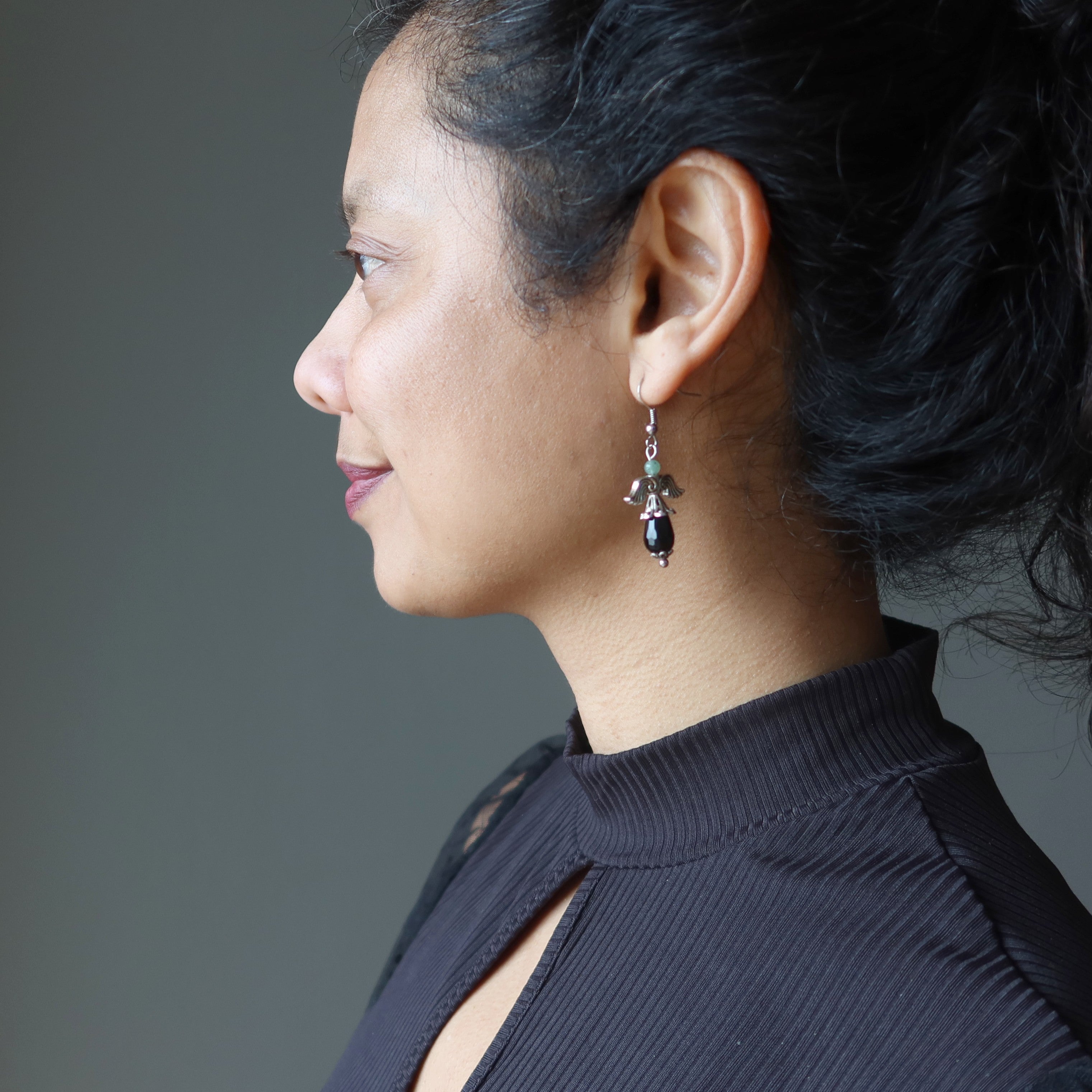 Onyx Earrings Flying Black Angel Green Aventurine