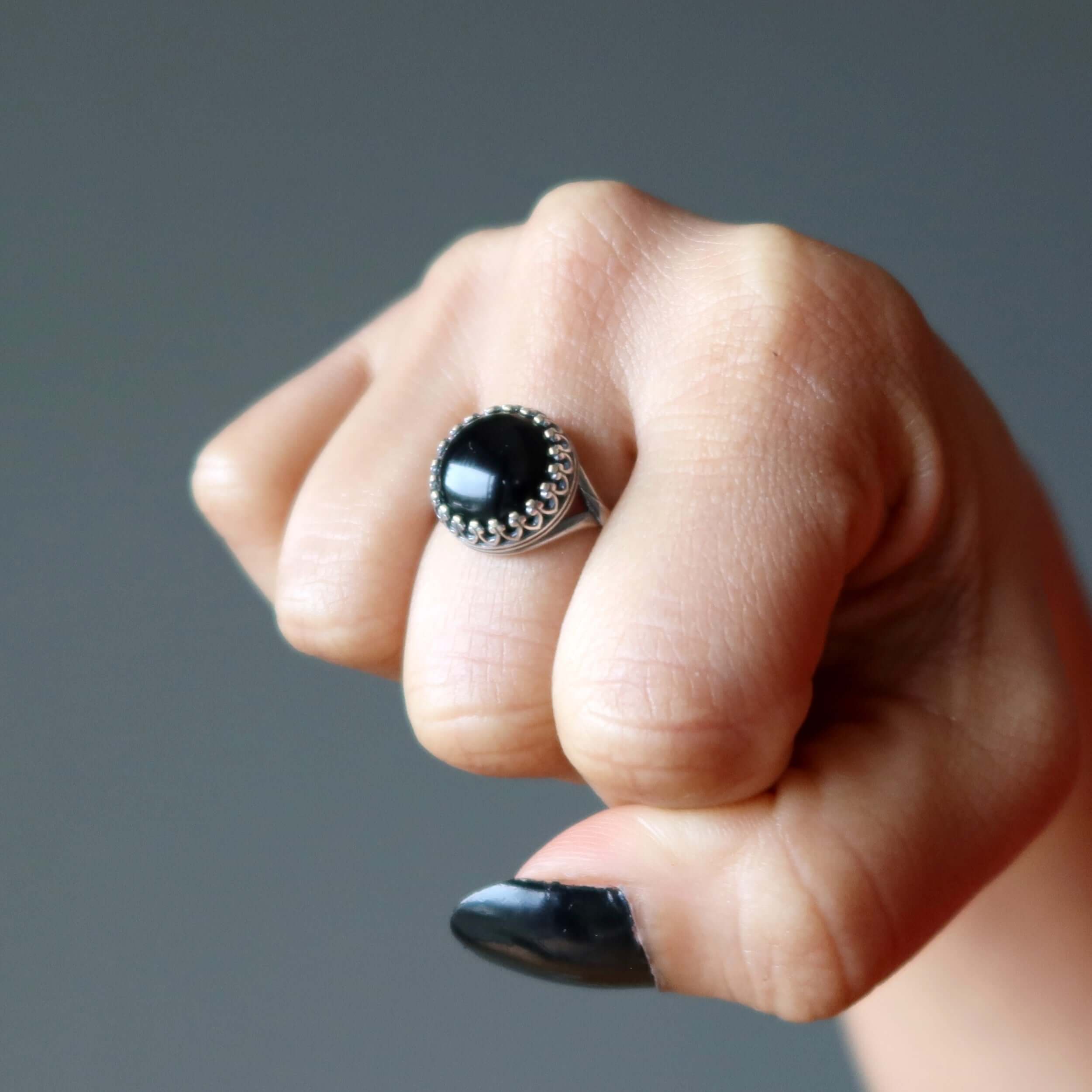 Bague Onyx Noir Protecteur Argent Sterling Ajustable