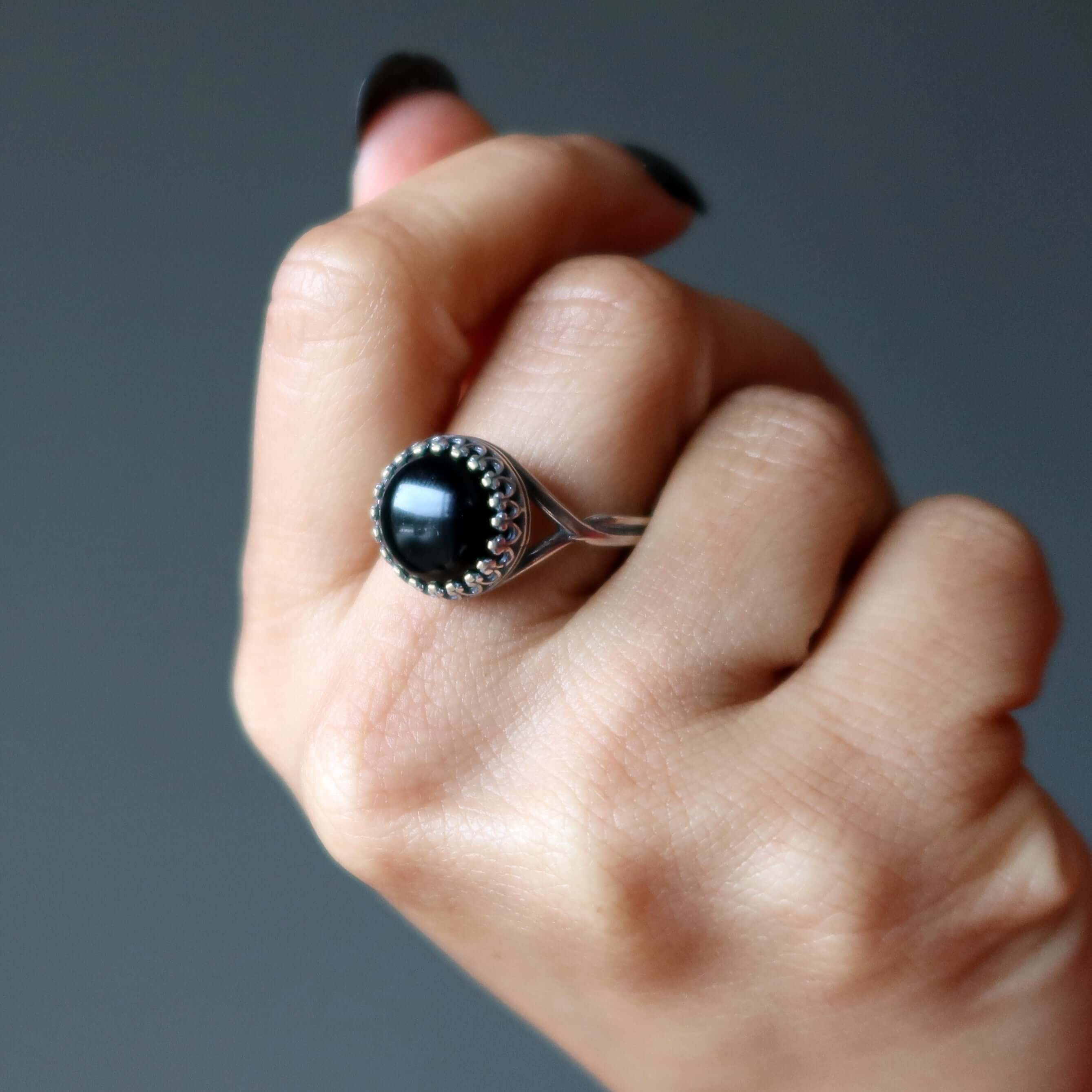 Bague Onyx Noir Protecteur Argent Sterling Ajustable