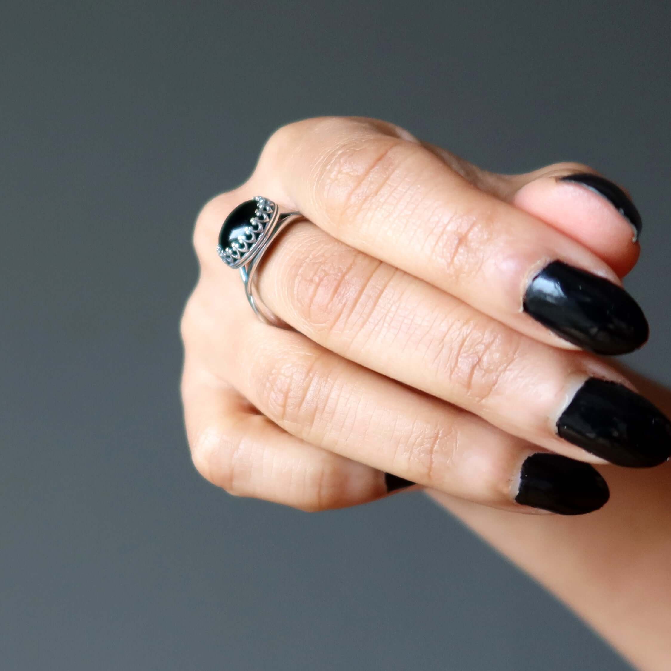 Bague Onyx Noir Protecteur Argent Sterling Ajustable