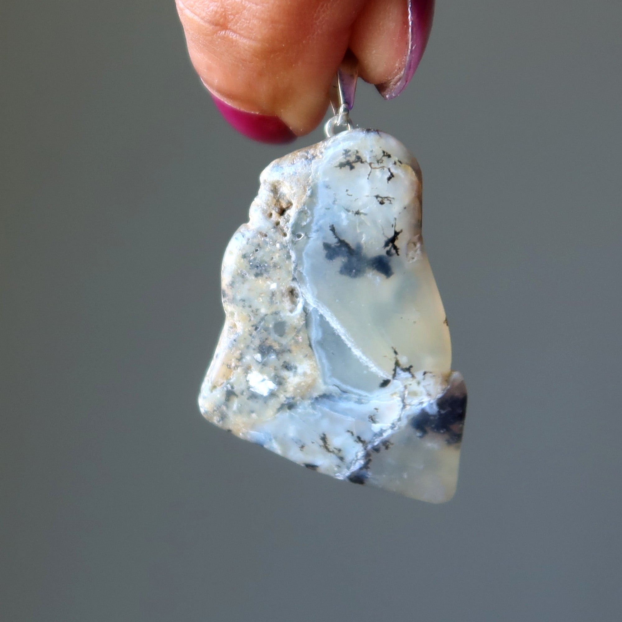 Opal Pendant Dendritic White Angel Stone Silver