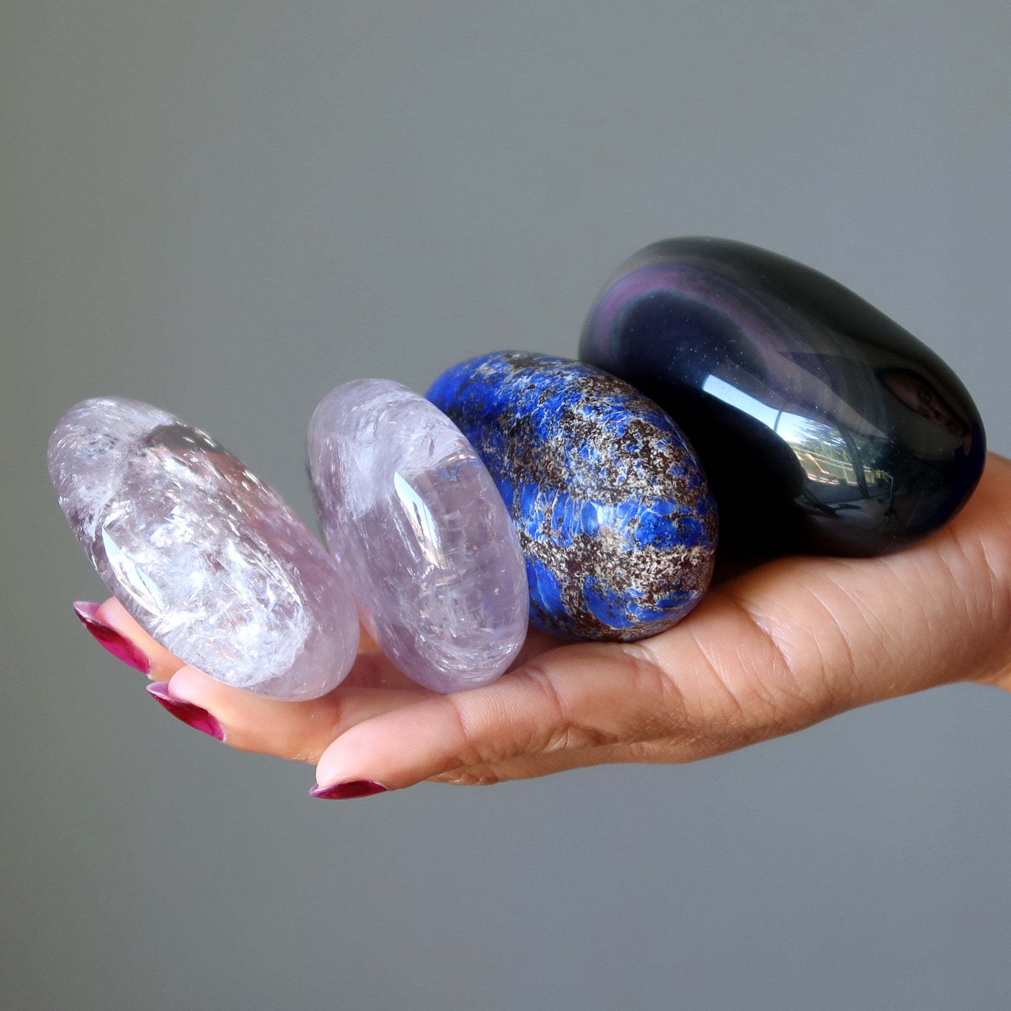 Palm Stone Bundle Big Healers Amethyst Lapis Obsidian Set of 4