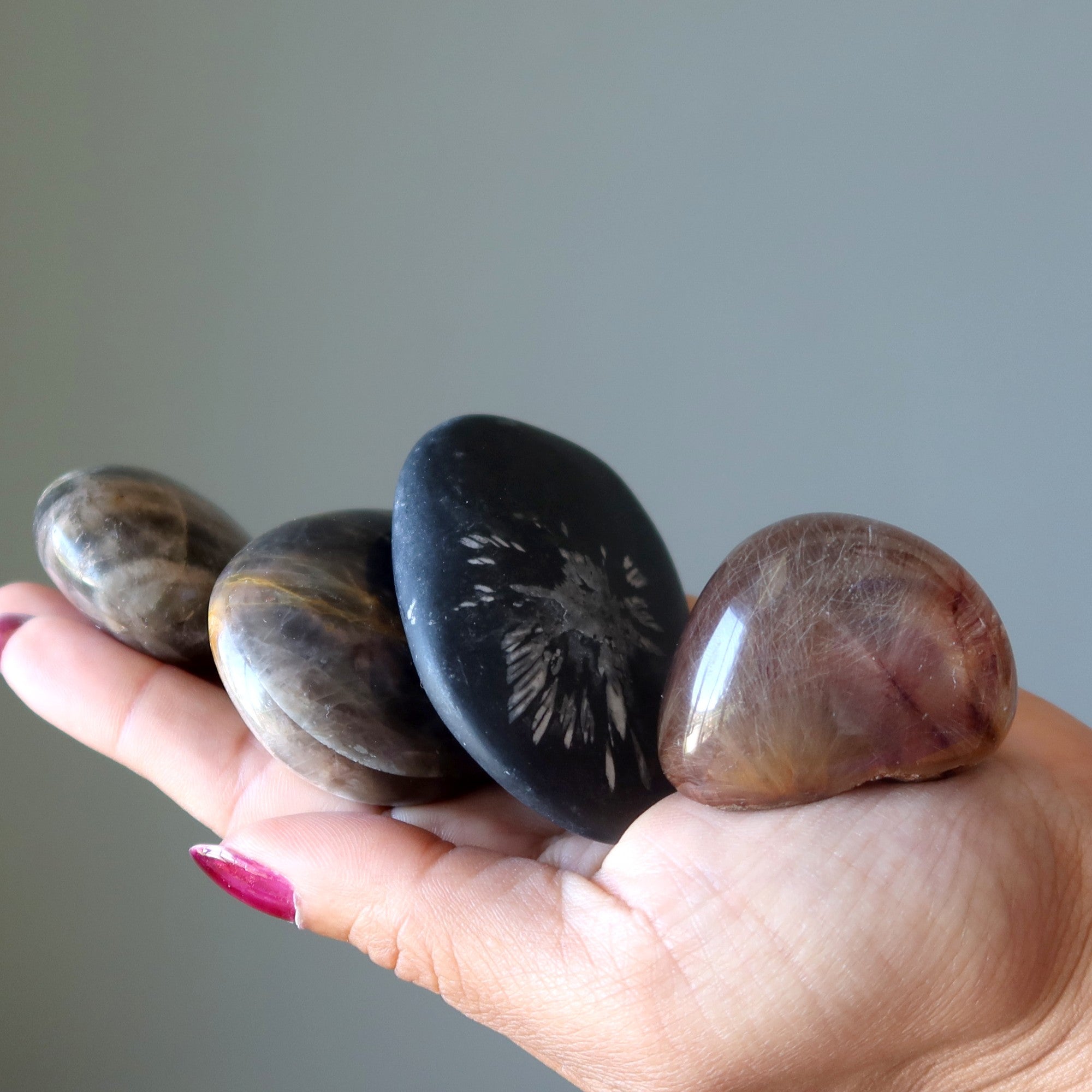 Palm Stone Bundle Rutilated Quartz Flower Moonstone Set of 4