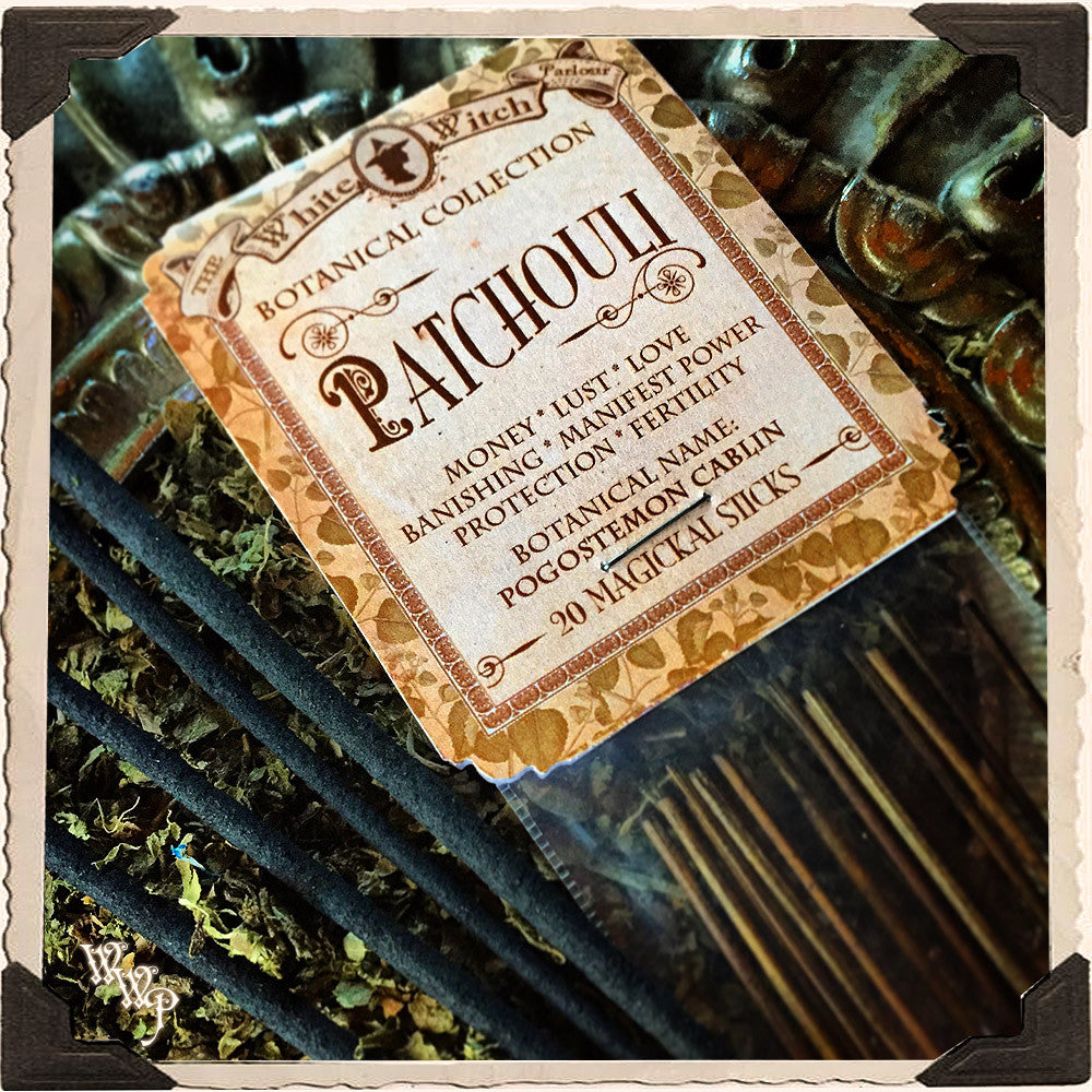 PATCHOULI-RÄUCHERSTÄBCHEN. Packung mit 20 Stäbchen. Einschichtige botanische Note. Für Geld, Manifestation, Kraft & Lust.