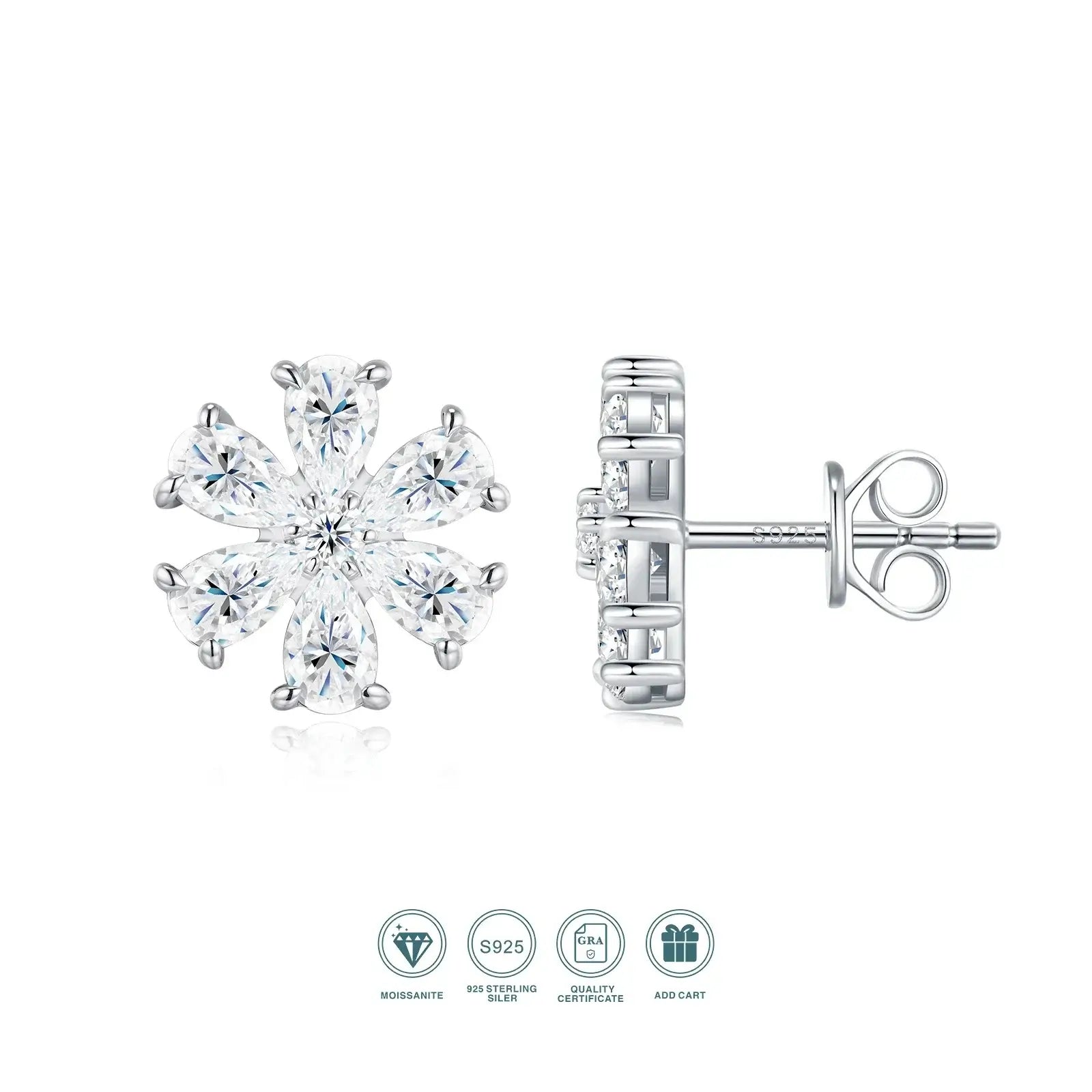 Boucles d'oreilles clous grappe poire en moissanite 3x5mm argent S925 plaqué or 18K