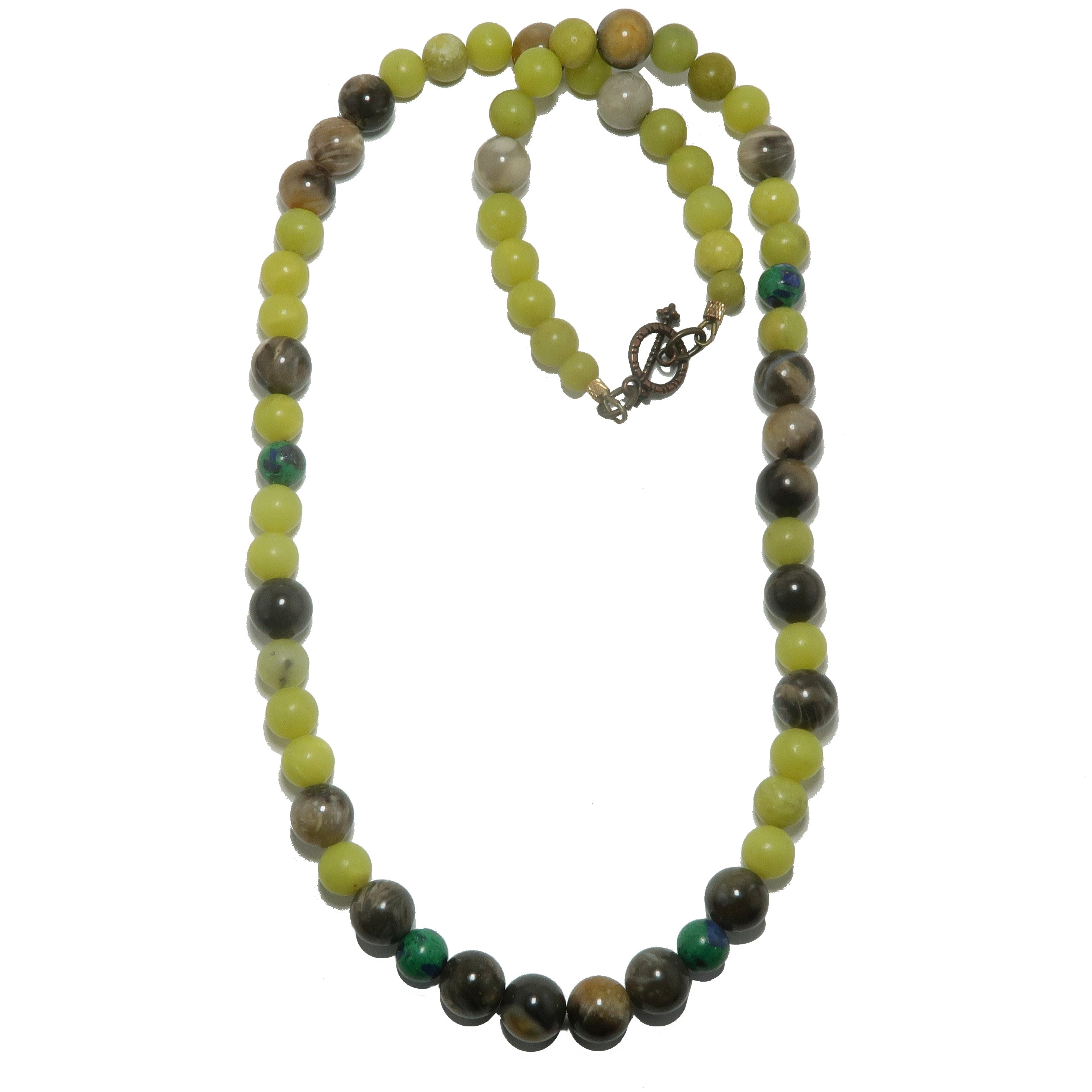 Collier Bois pétrifié Soleil Terre Serpentine Malachite Azurite
