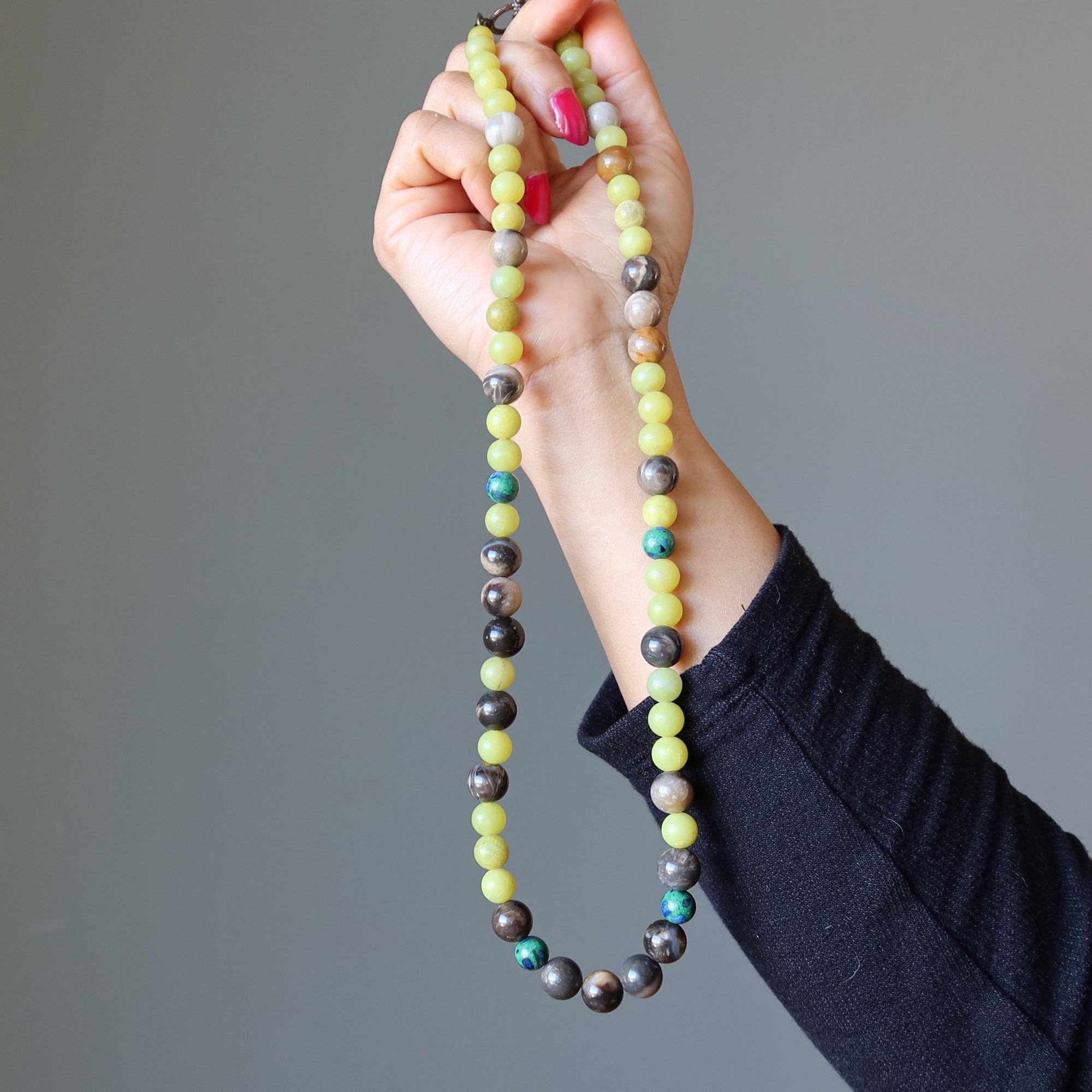 Collier Bois pétrifié Soleil Terre Serpentine Malachite Azurite